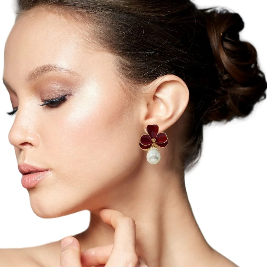 Maroon Pearl Drop Earrings - Image 5