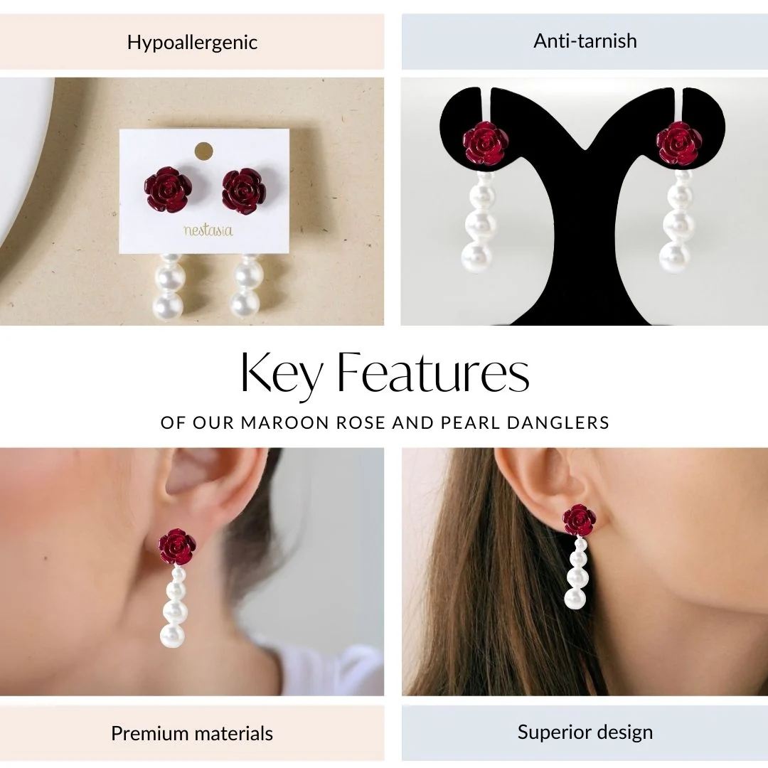 Maroon Rose And Pearl Danglers - Image 4