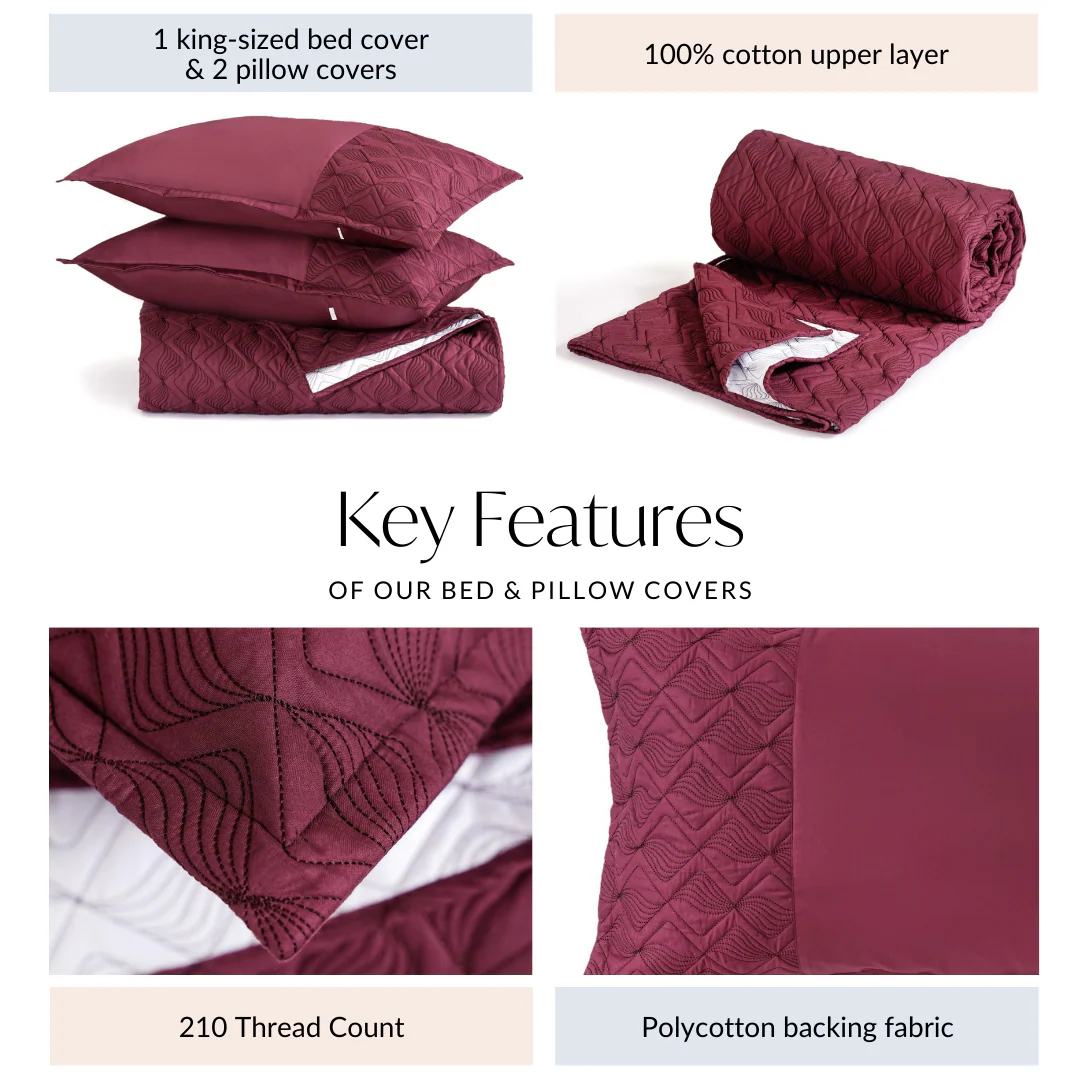 Marsala Embroidered 210TC Cotton Bed Cover With 2 Pillow Covers - Image 6