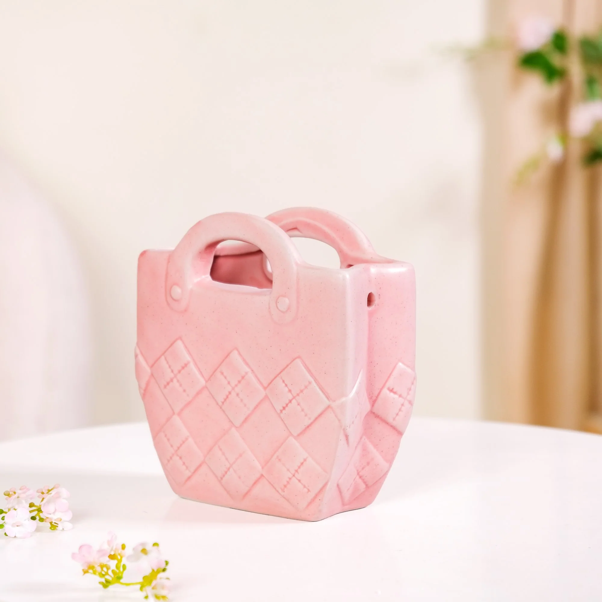 Matte Pink Ceramic Mini Bag Vase - Image 2