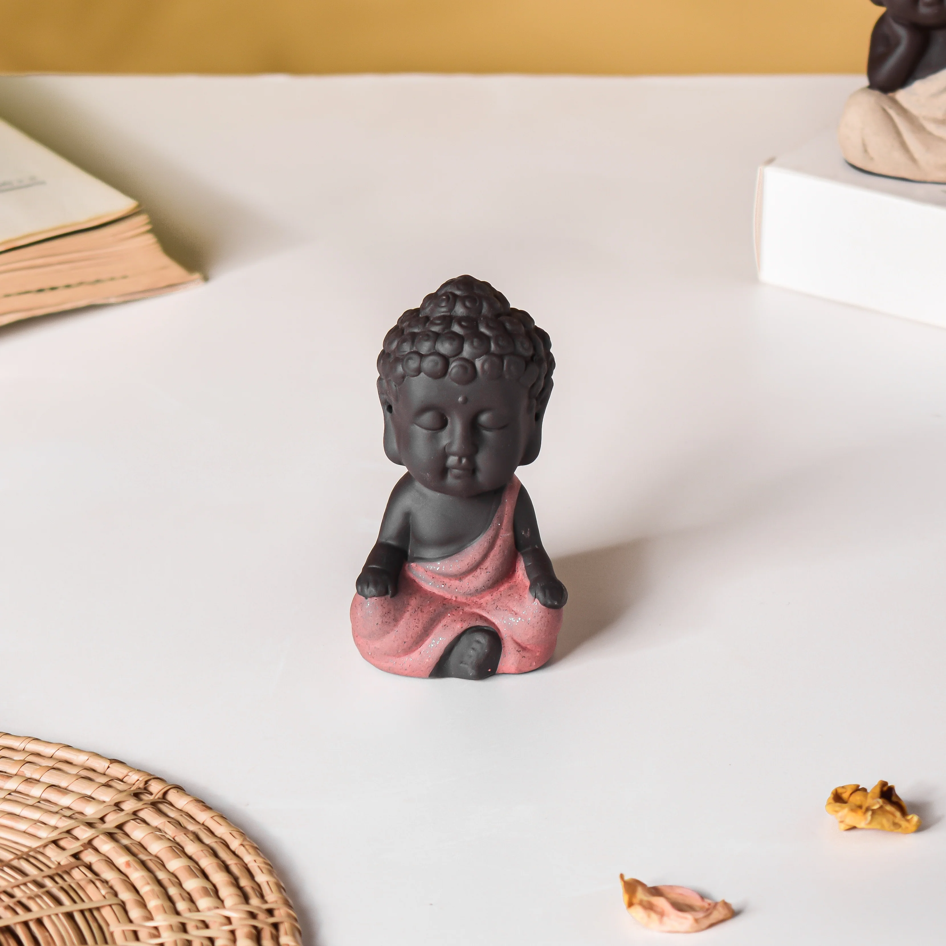 Meditating Monk Clay Showpiece Small Brown - Image 3