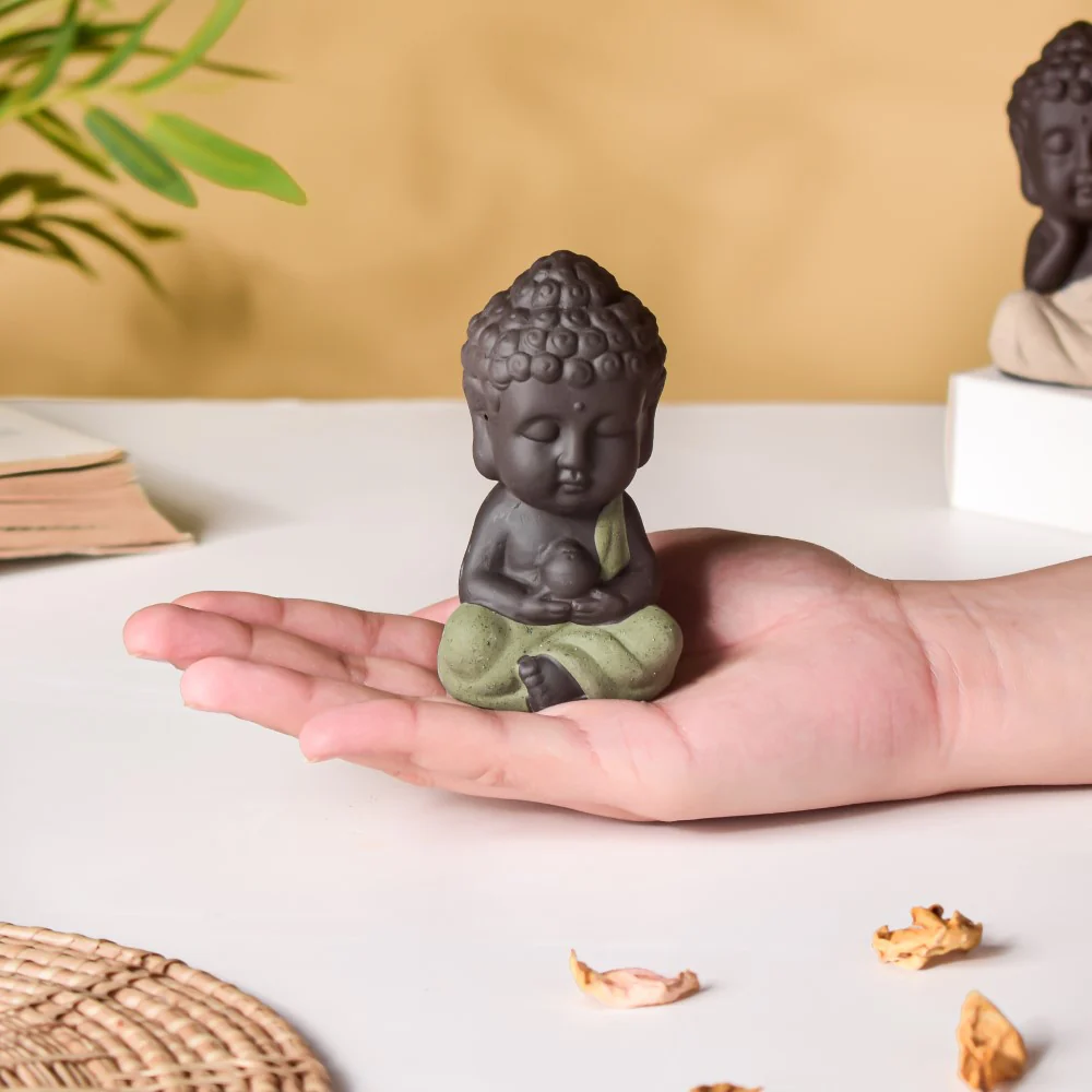 Meditating Monk Clay Showpiece Small Sage Green - Image 2