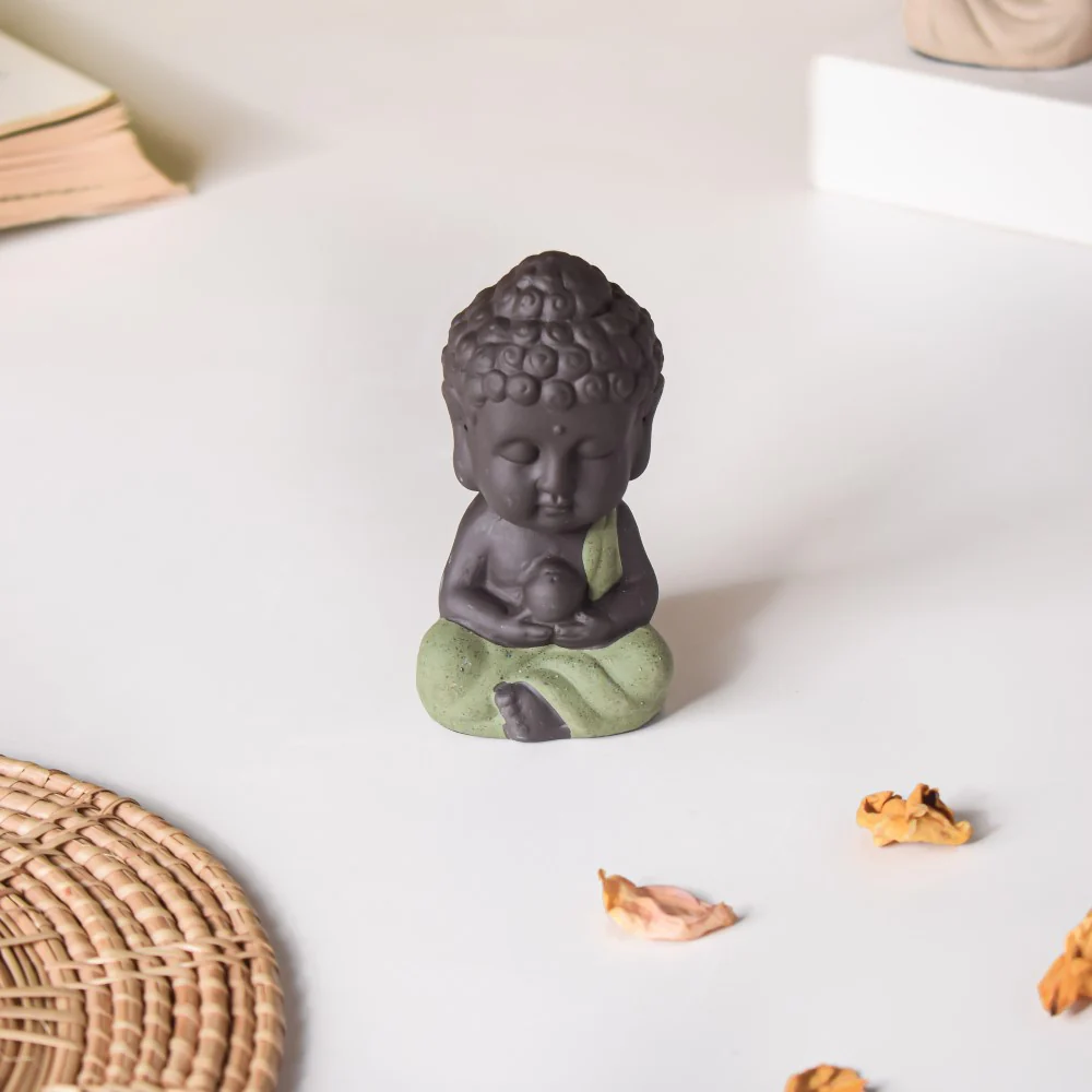 Meditating Monk Clay Showpiece Small Sage Green - Image 3