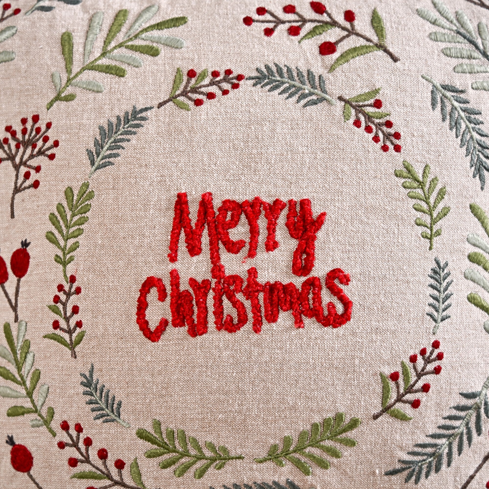 Merry Christmas Wreath Embroidered Cushion Cover 40x40cm - Image 2