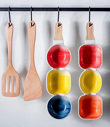 MERRY 3 part snack bowl with wooden handle - blue, yellow & red - Image 9