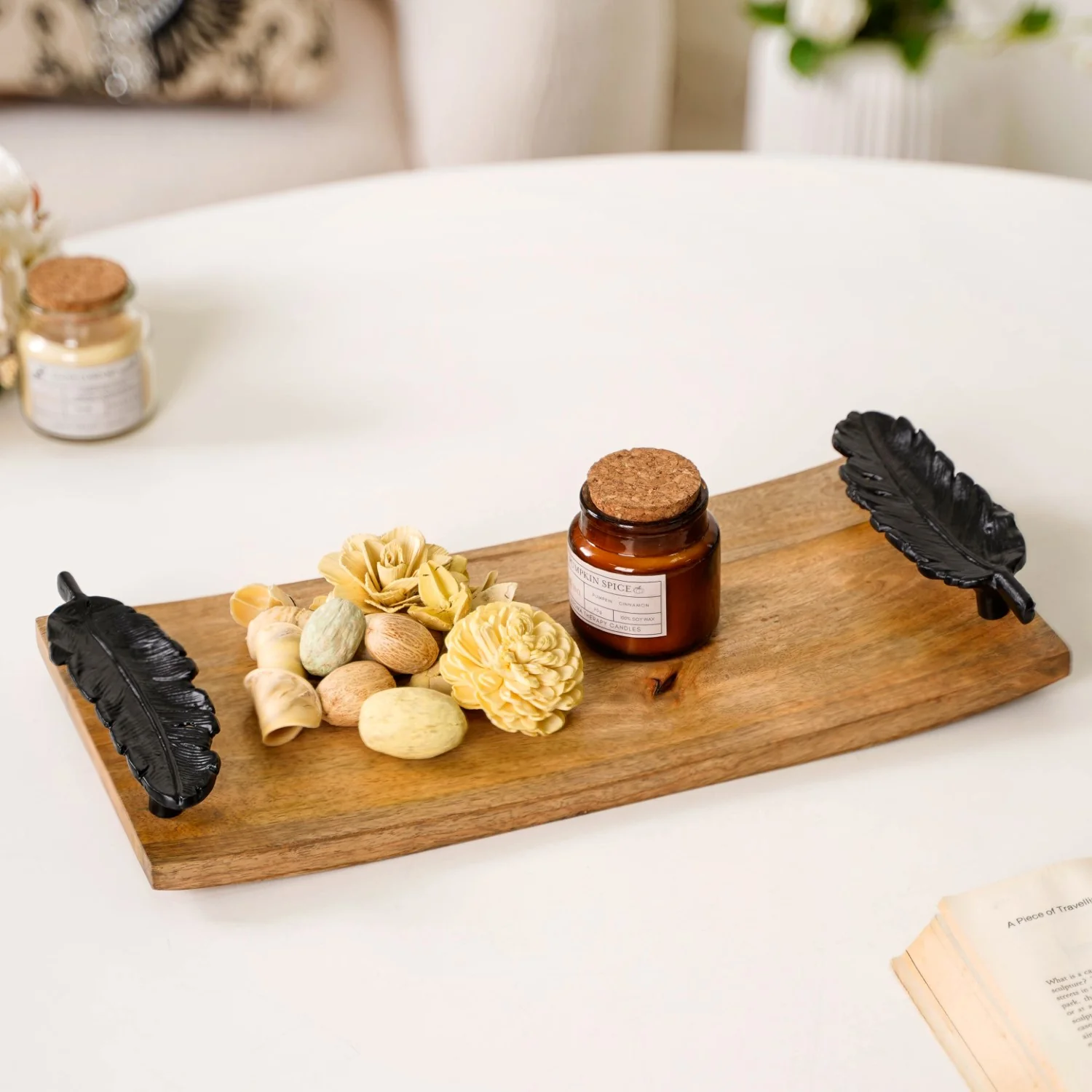 Metal Feather Handle Wooden Tray 15x7 Inch - Image 3