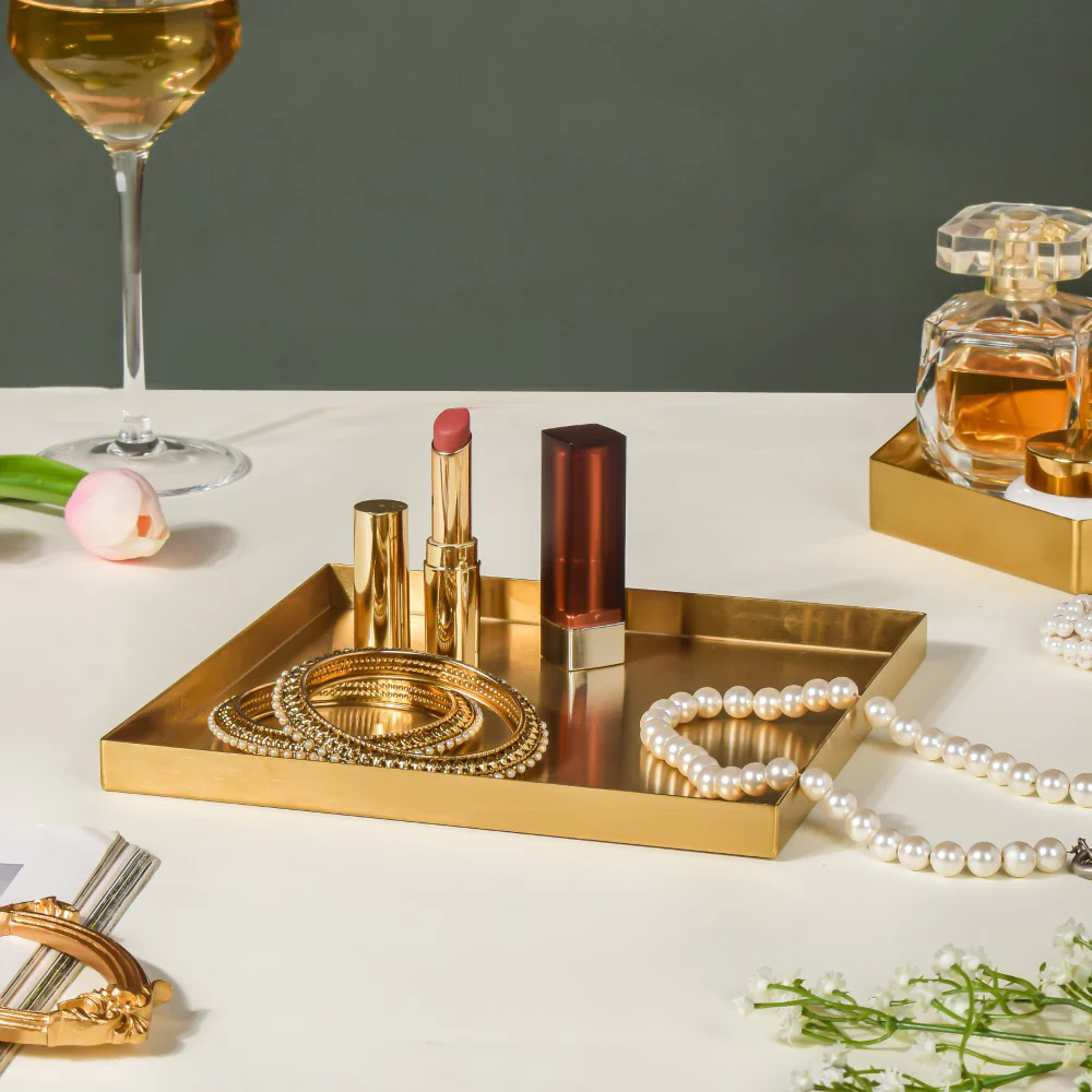 Metal Square Vanity Tray Golden 8 Inch
