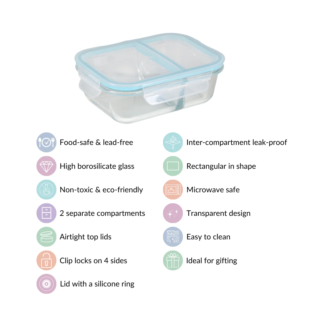 Microwave Safe Two Compartment Glass Lunch Box 600ml - Image 6
