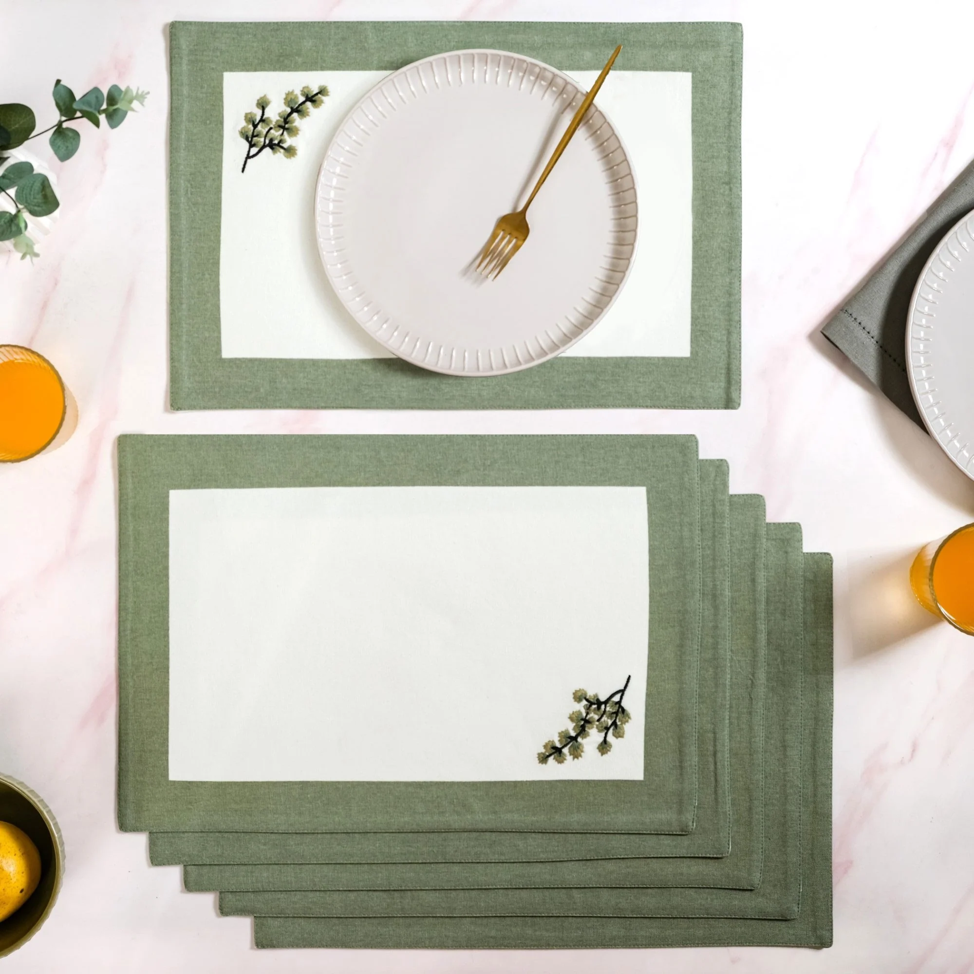 Midori Cotton Table Napkin And Mat Set Of 12 In Sage Green - Image 7