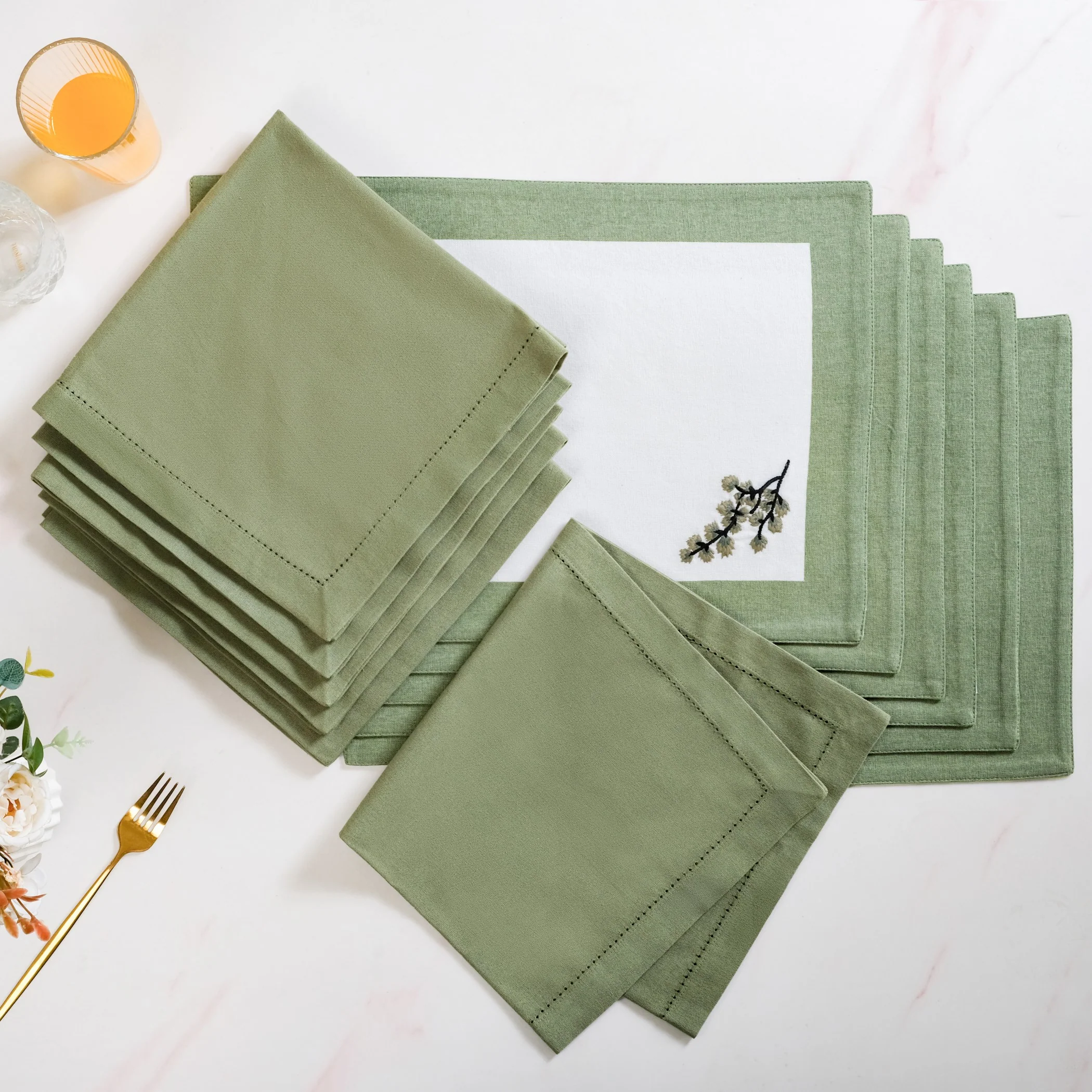 Midori Cotton Table Napkin And Mat Set Of 12 In Sage Green - Image 8