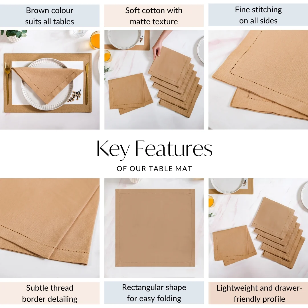Midori Premium Cotton Hemstitched Dinner Napkins Set Of 6 In Brown - Image 4