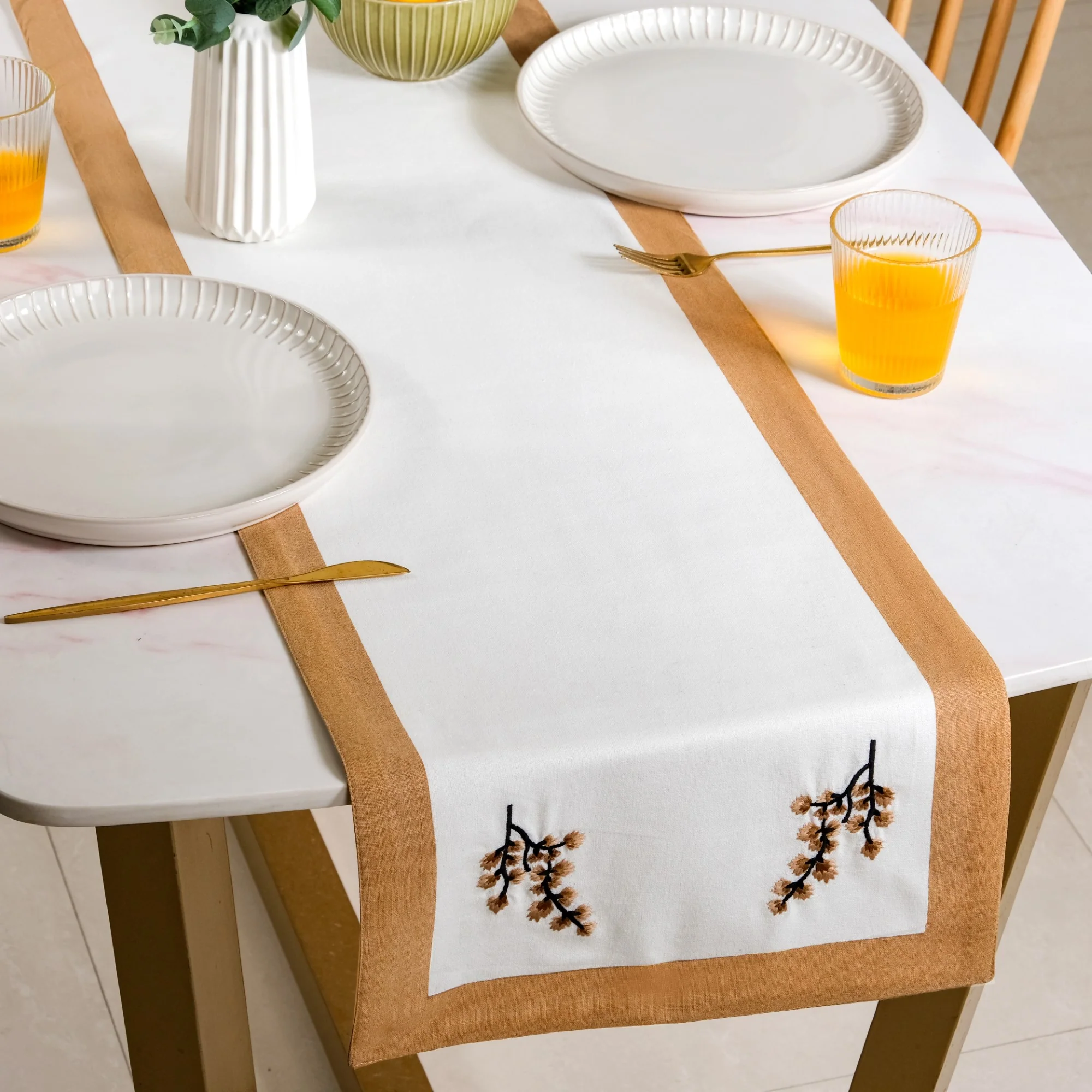Midori Pure Cotton Table Runner And Placemat Set Of 7 In Brown - Image 7