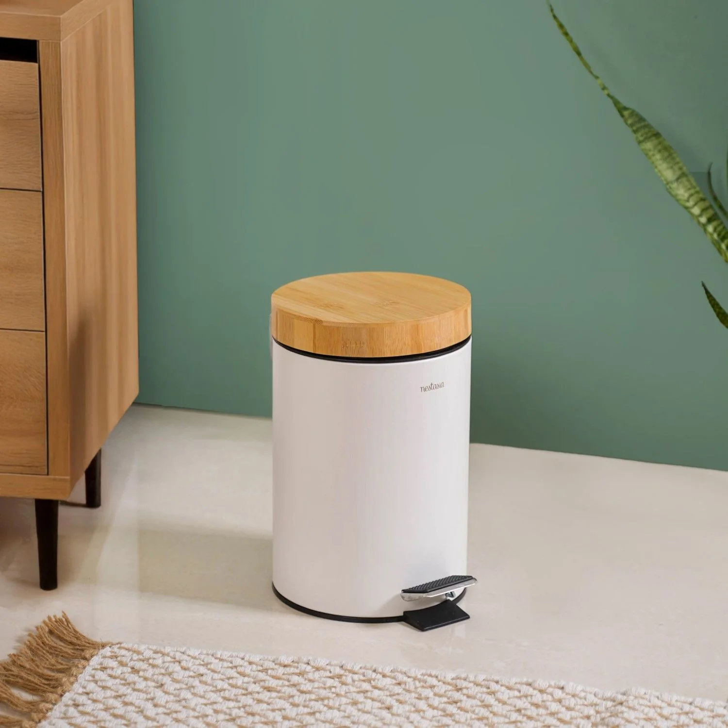 Modbin Bamboo Lid Metal Dustbin With Bucket White 3000ml