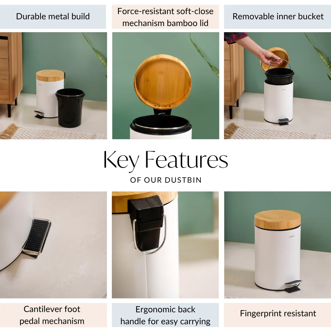 Modbin Bamboo Lid Metal Dustbin With Bucket White 3000ml - Image 5
