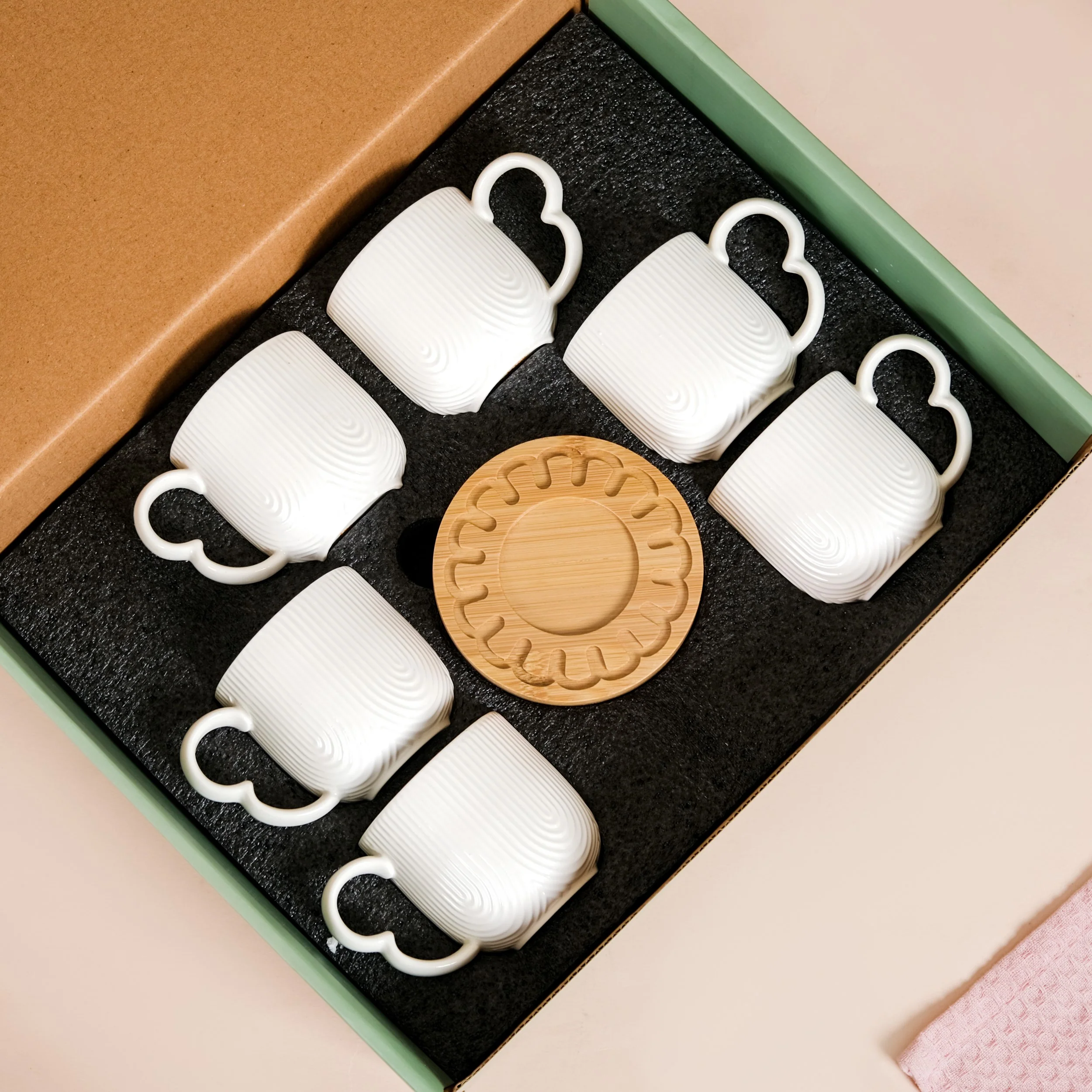 Modern Art Deco Ceramic Cup Set Of 6 With Coasters 200ml - Image 3