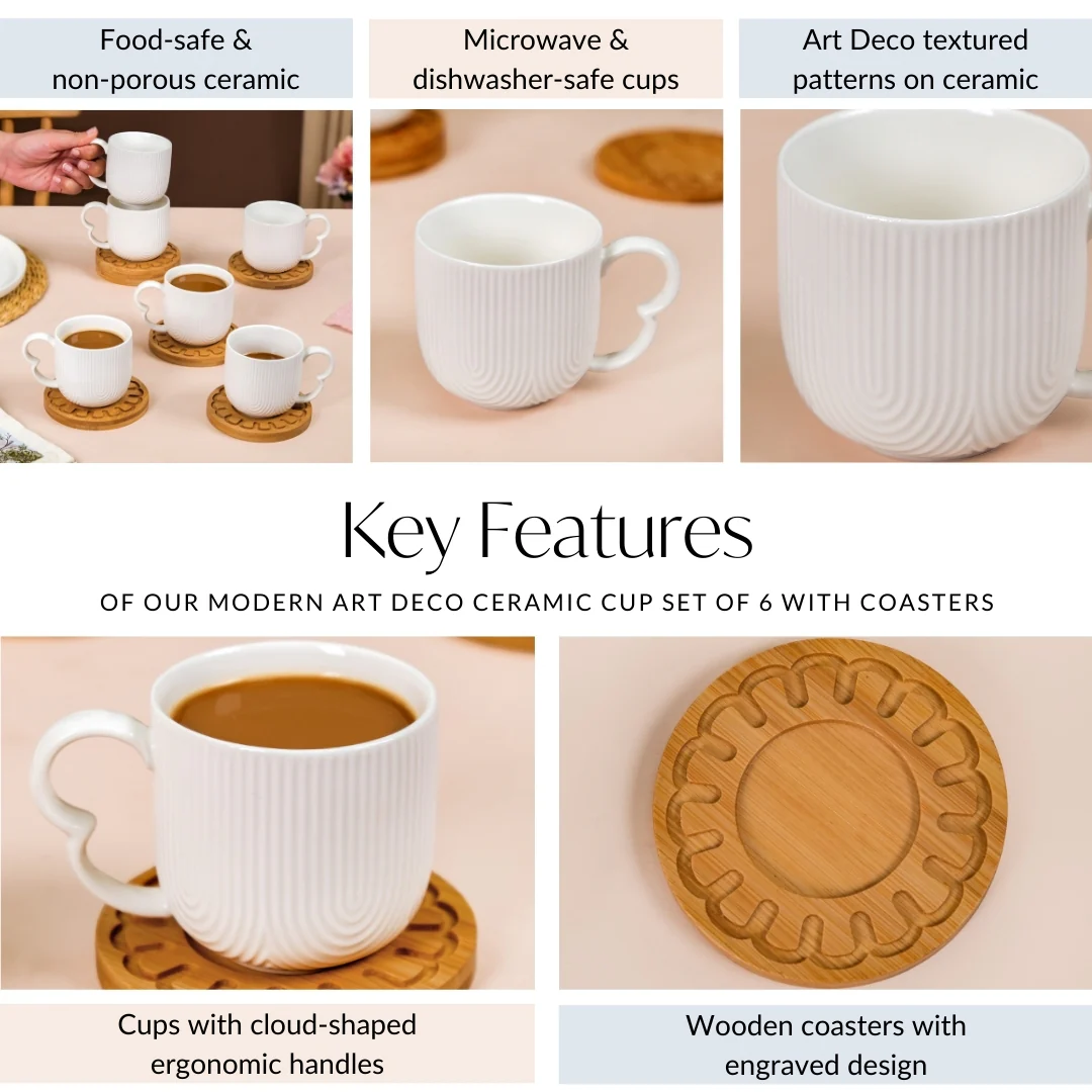 Modern Art Deco Ceramic Cup Set Of 6 With Coasters 200ml - Image 6