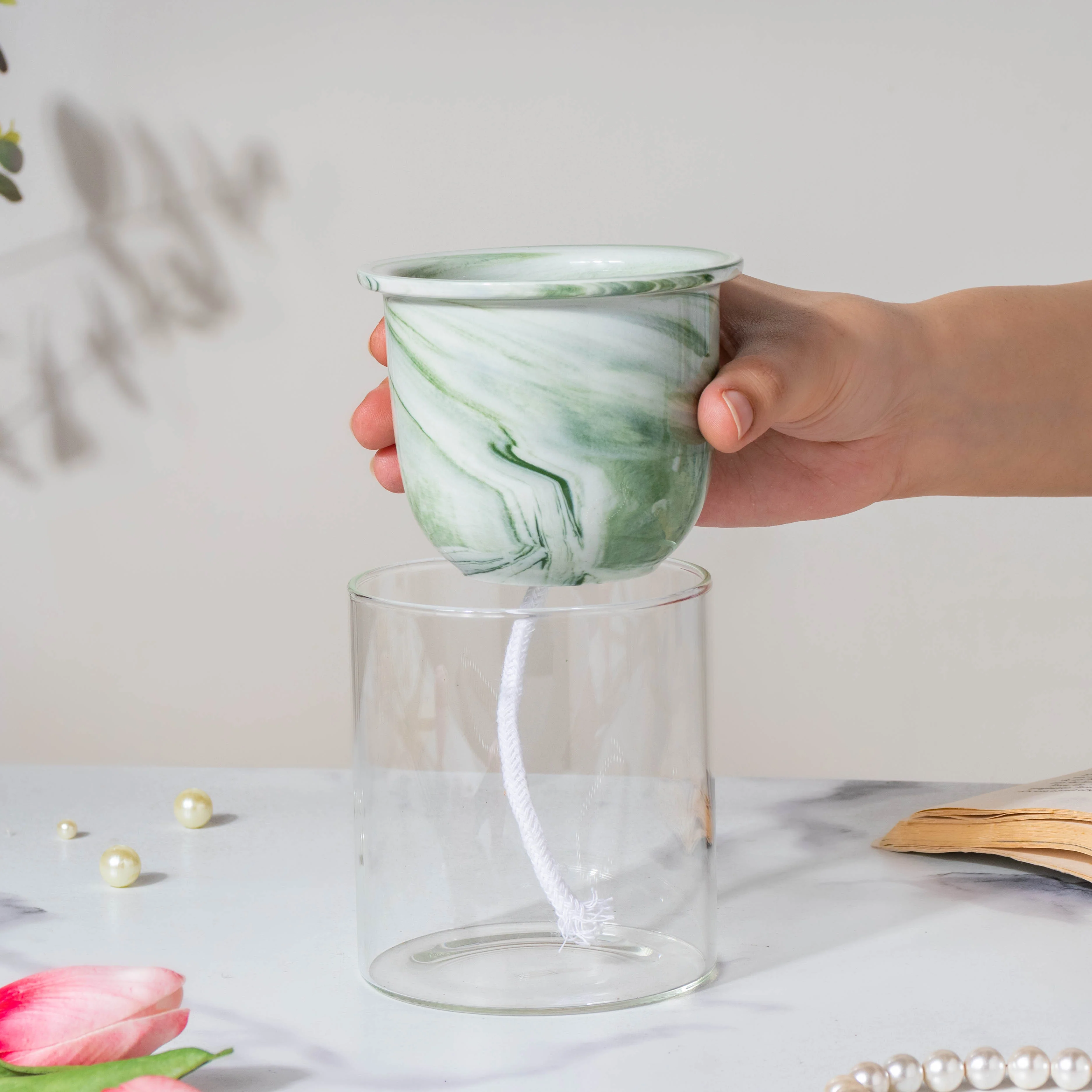 Modern Green Ceramic Planter With Glass Stand - Image 2