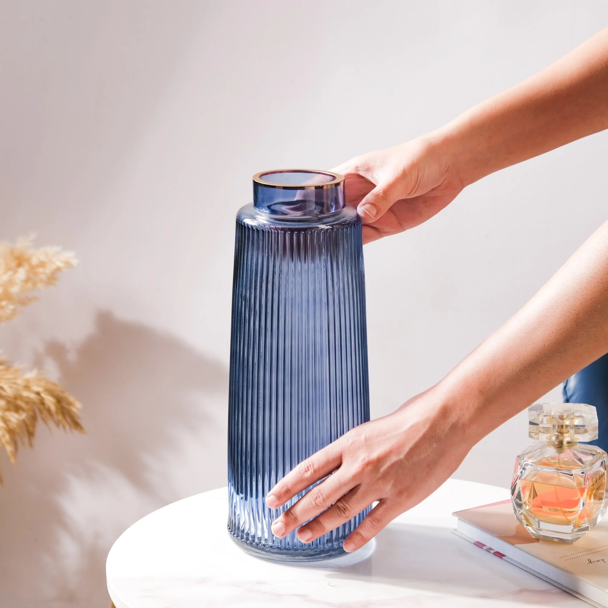 Modern Ribbed Bouquet Glass Vase Blue - Image 2