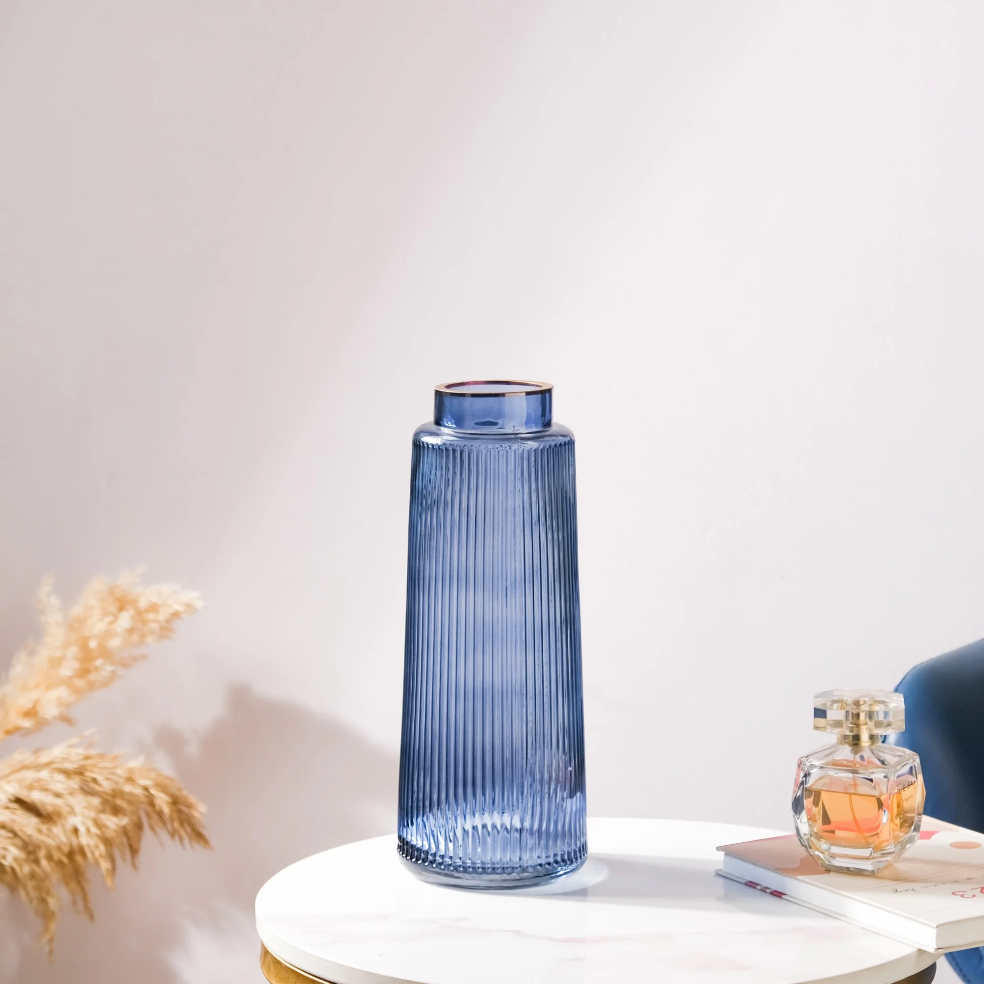 Modern Ribbed Bouquet Glass Vase Blue - Image 4