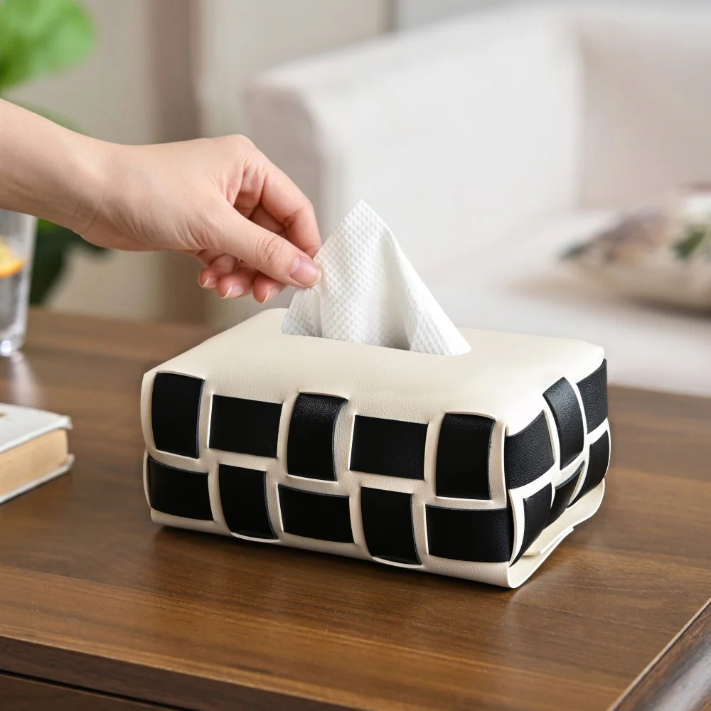 Monochrome Vegan Leather Tissue Box White And Black - Image 6