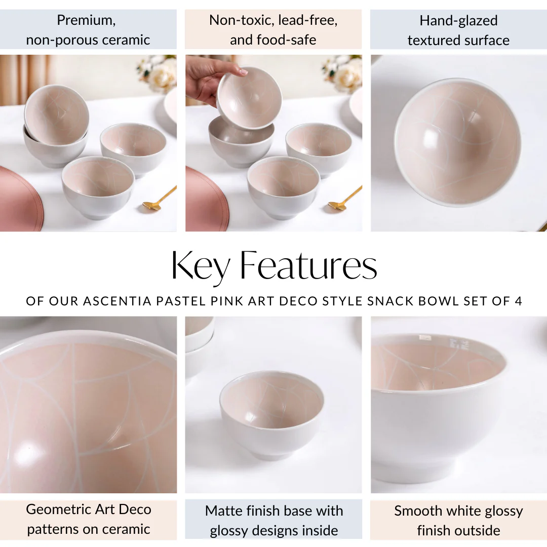 Monvia Pastel Pink Art Deco Style Snack Bowl Set Of 4 325ml - Image 6