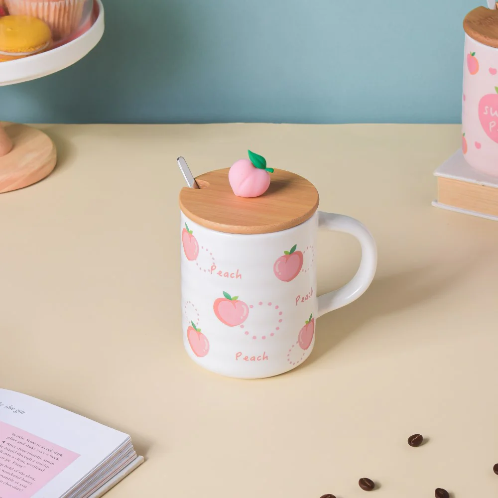Morning Tea Mug Peach Patterned With Lid And Spoon 350 ml - Image 5