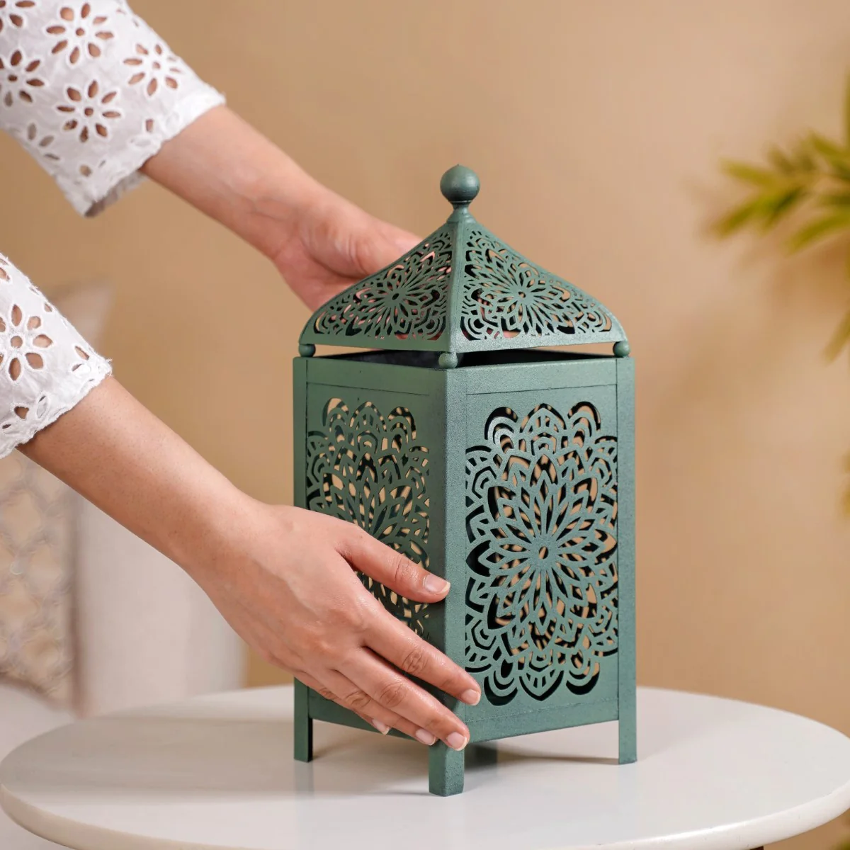 Moroccan Decorative Metal Lantern Sage Green - Image 3