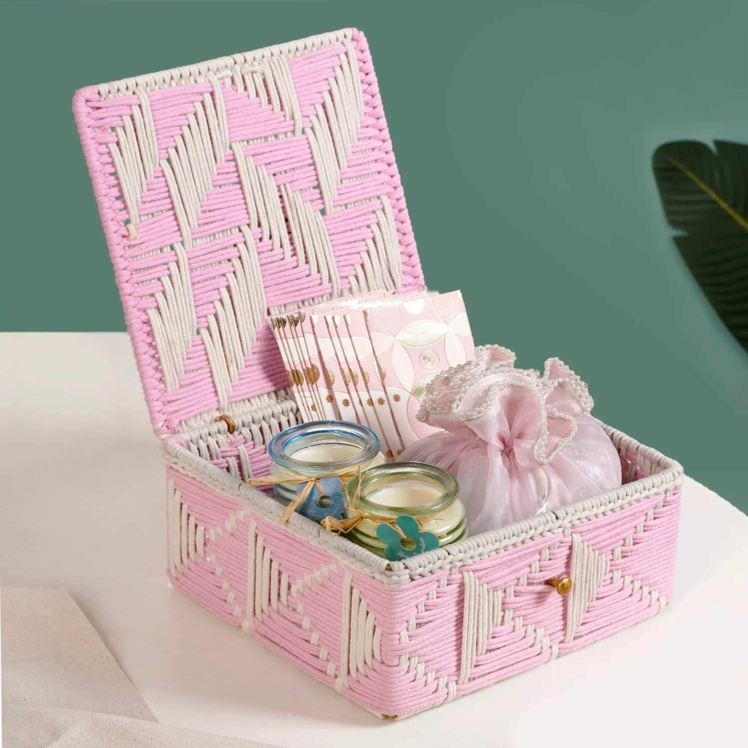 Multipurpose Handwoven Storage Basket Pink And White