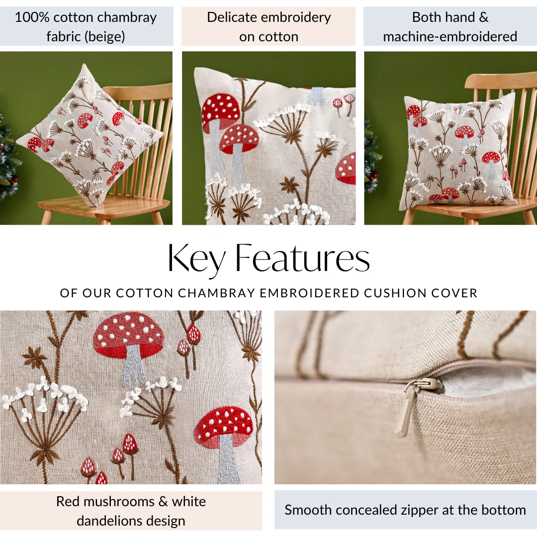 Mushrooms And Dandelions Cotton Cushion Cover 40x40cm - Image 5