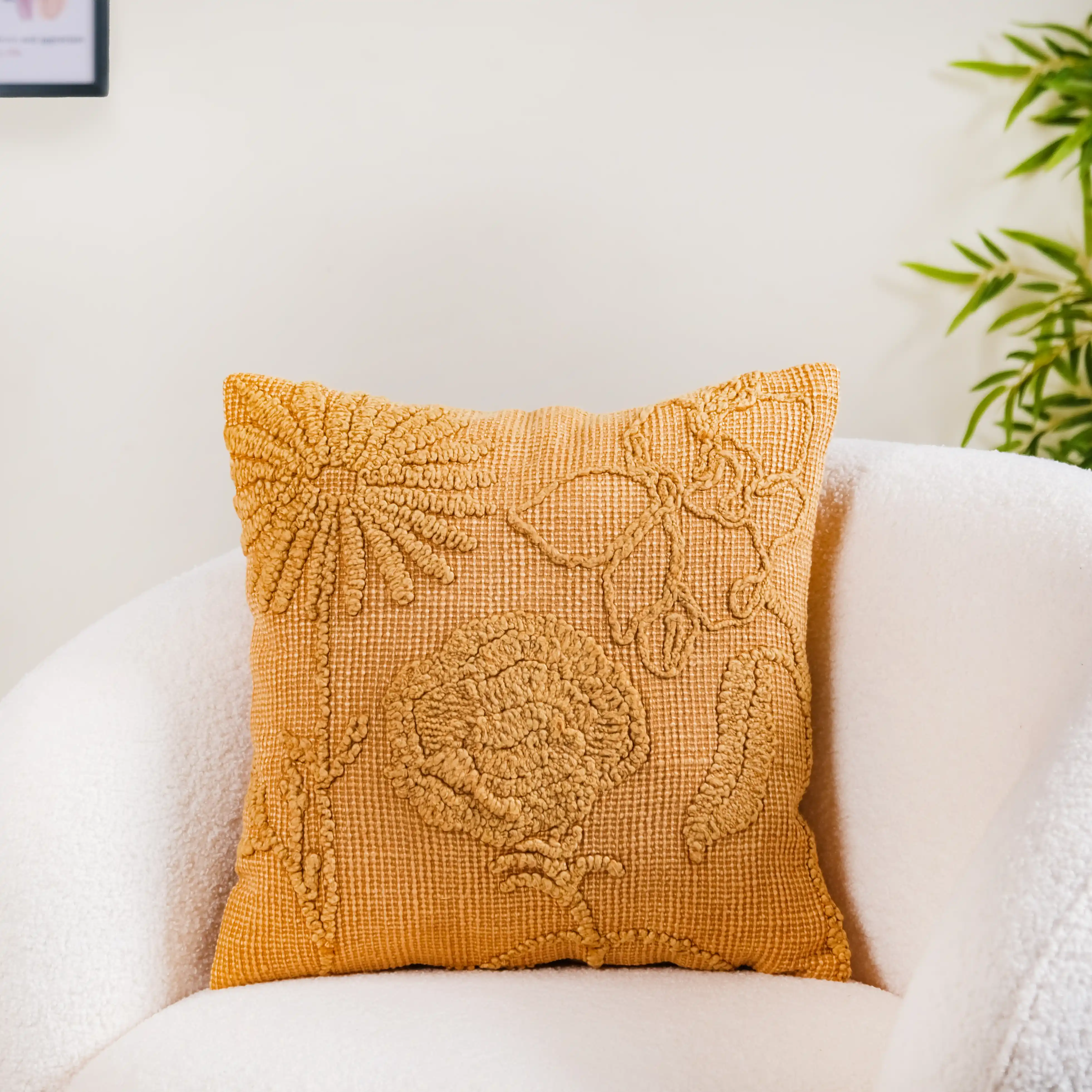 Mustard Tone On Tone Embroidered Cushion Cover 16x16 Inch - Image 3