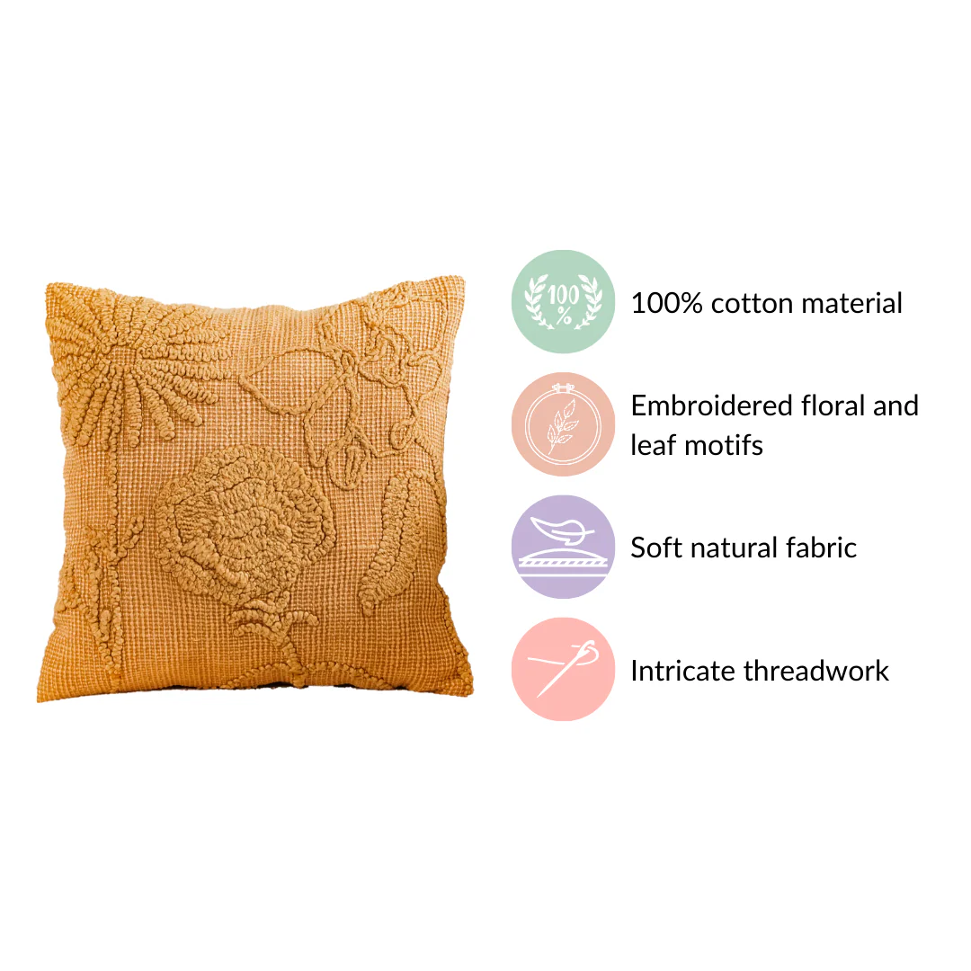 Mustard Tone On Tone Embroidered Cushion Cover 16x16 Inch - Image 5