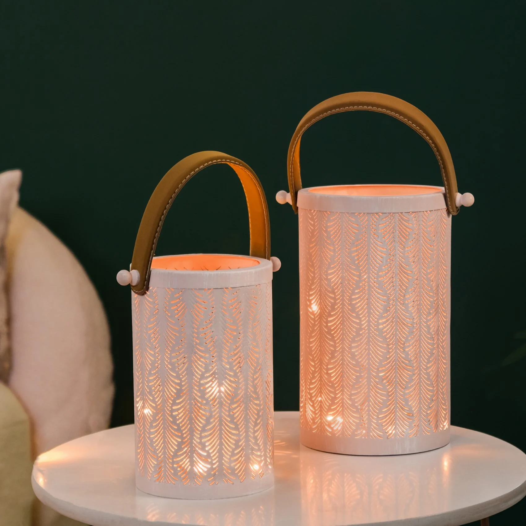 Muted Baby Pink Metal Cutwork Hurricane Lantern Set Of 2 - Image 4