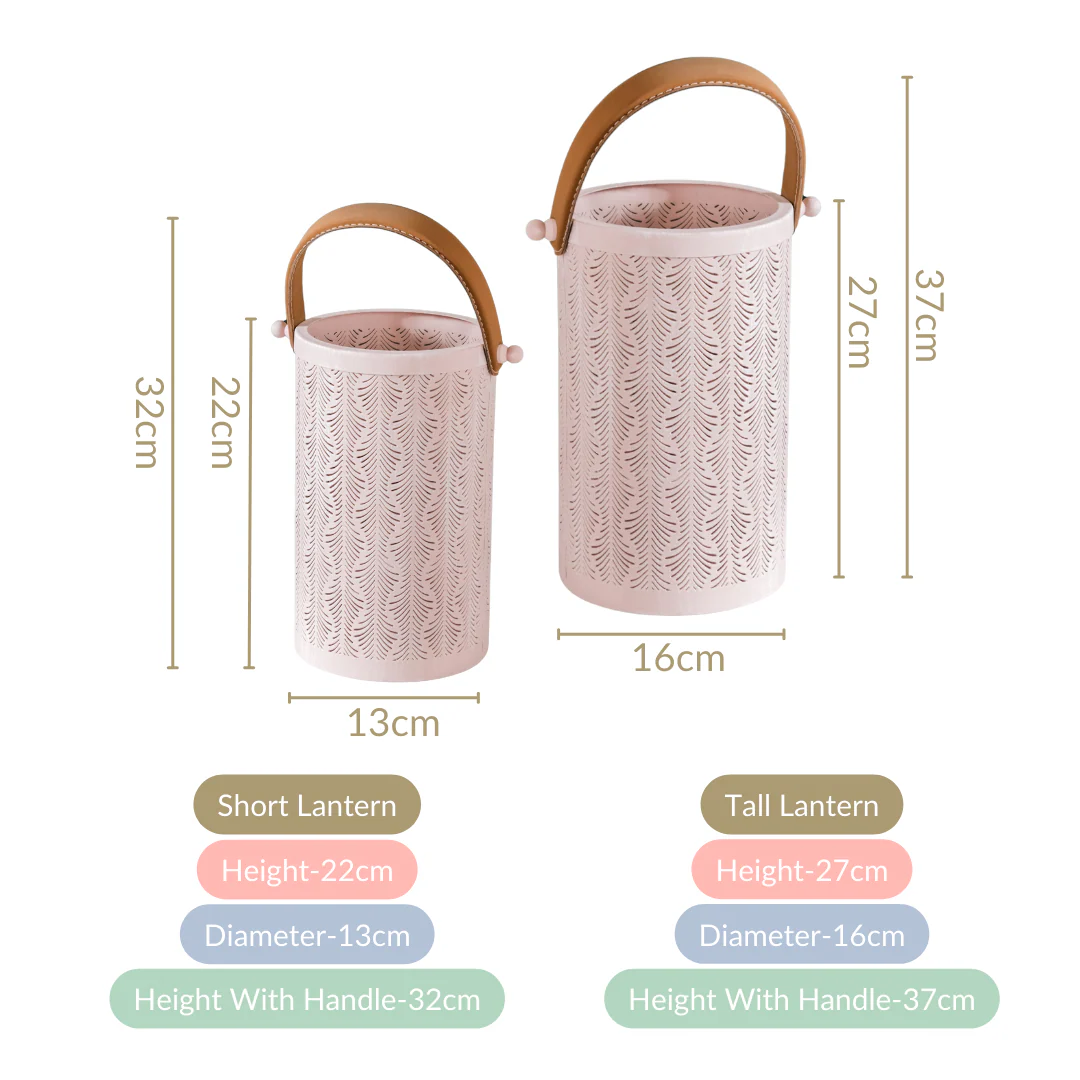 Muted Baby Pink Metal Cutwork Hurricane Lantern Set Of 2 - Image 7