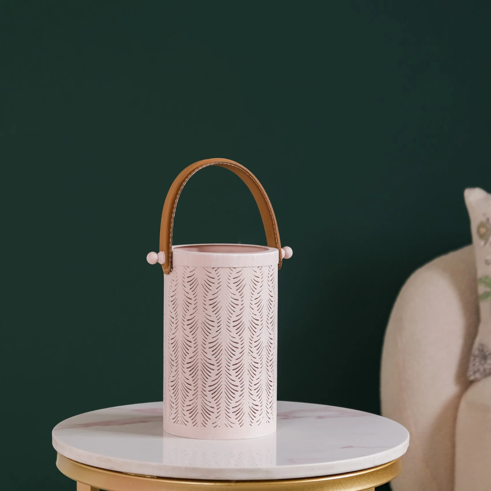 Muted Baby Pink Metal Cutwork Hurricane Lantern Set Of 2 - Image 9