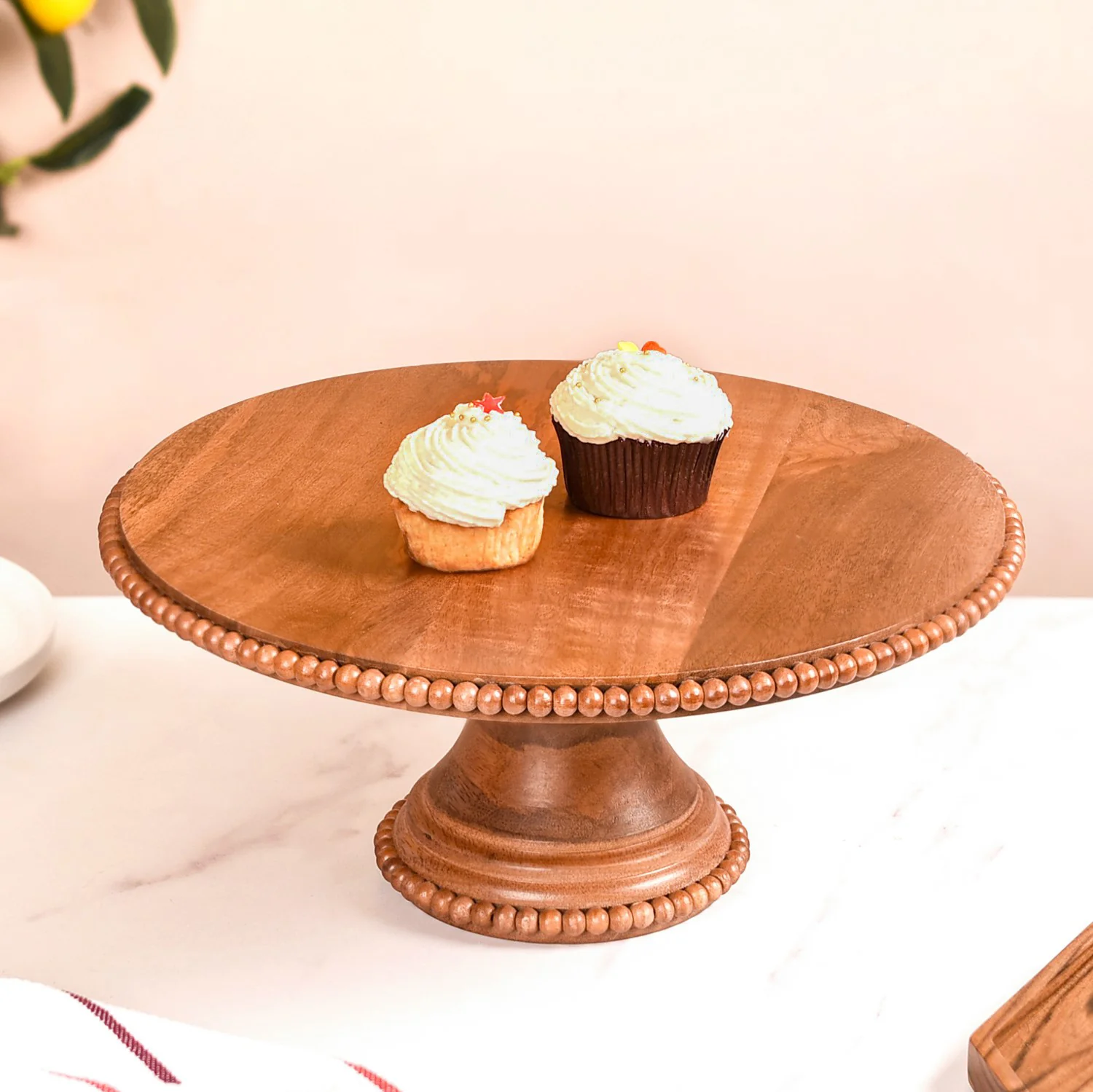 Natural Acacia Wood Beaded Cake Stand 13 Inch - Image 2