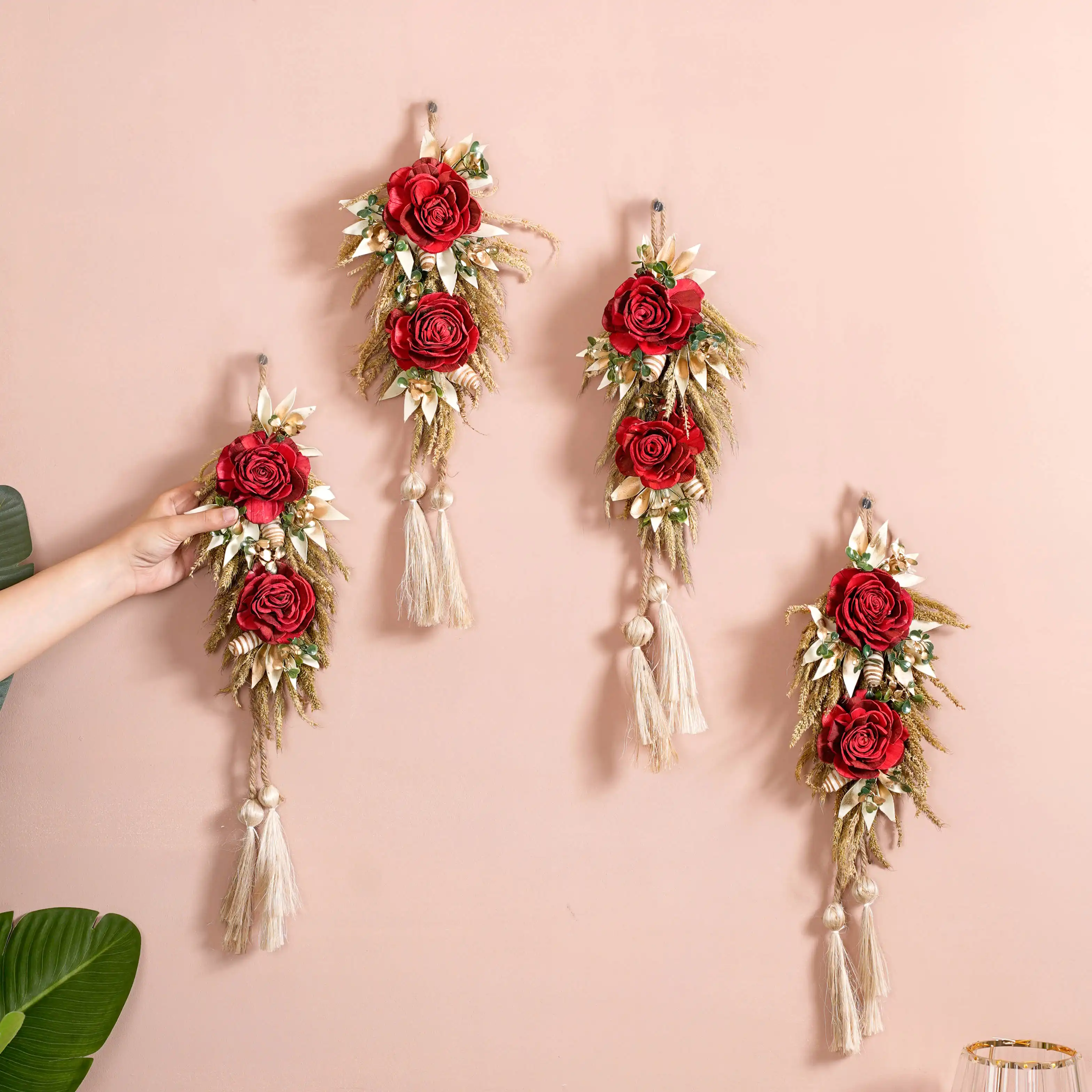 Natural Red Flower Wall Hanging With Tassels Set Of 4 - Image 3