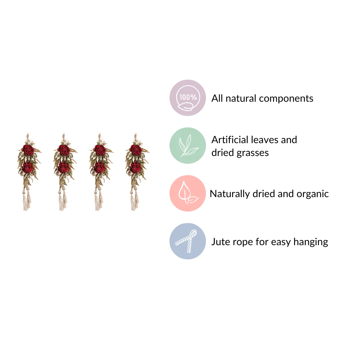 Natural Red Flower Wall Hanging With Tassels Set Of 4 - Image 9