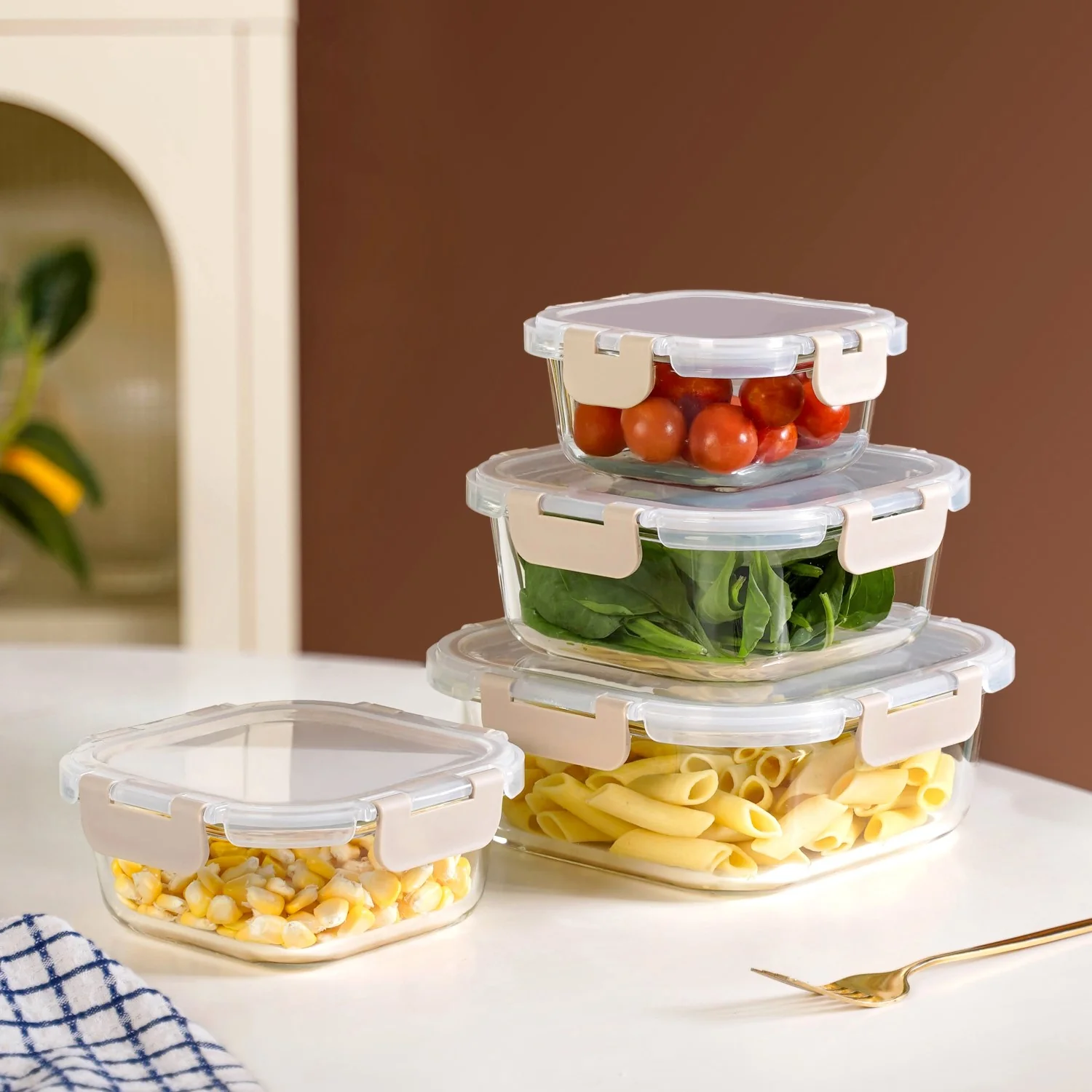 Nestro Airtight Food Storage Square Container Set Of 4 Beige S 300ml M 500ml L 800ml XL 1200ml