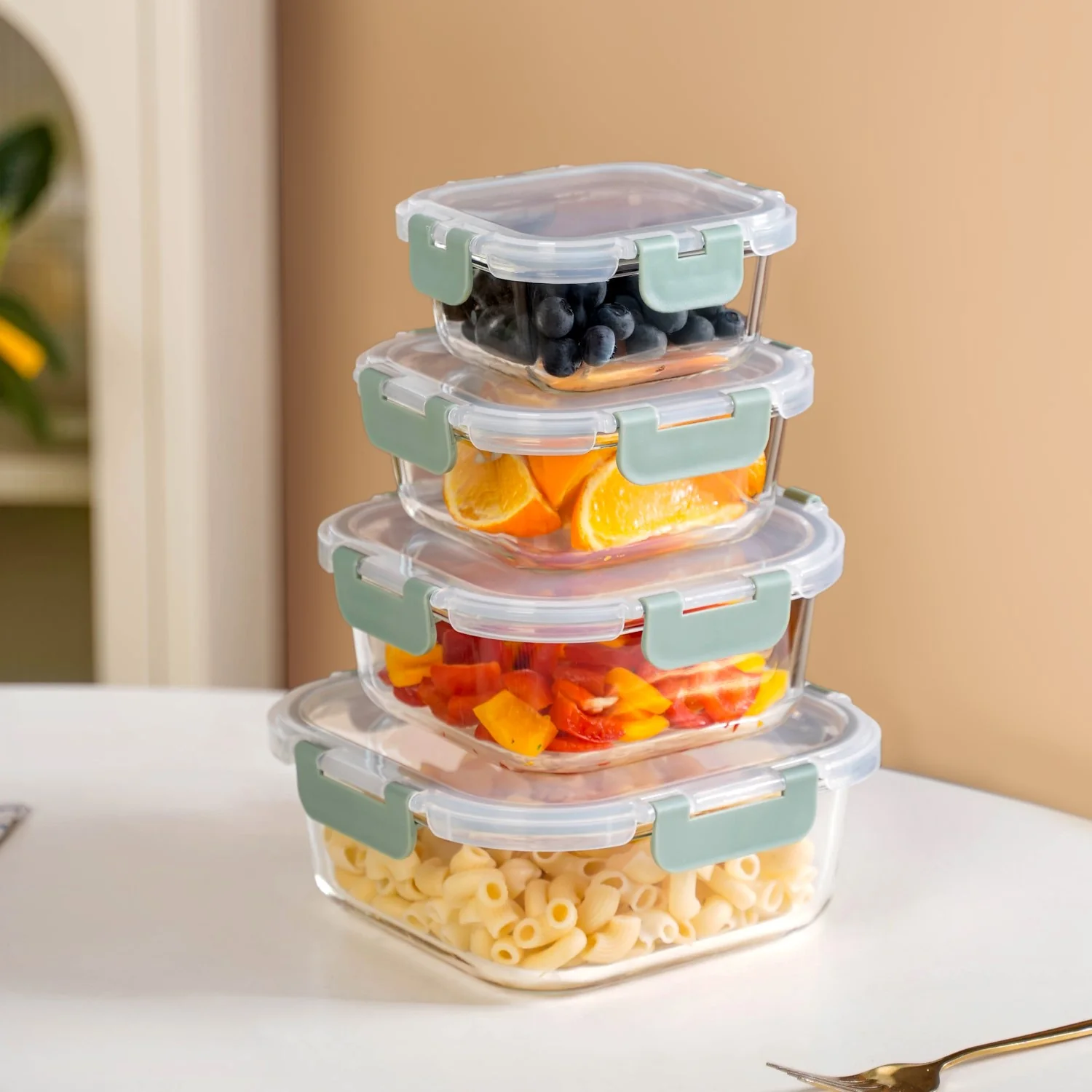 Nestro Airtight Food Storage Square Container Set Of 4 Green S 300ml M 500ml L 800ml XL 1200ml - Image 10