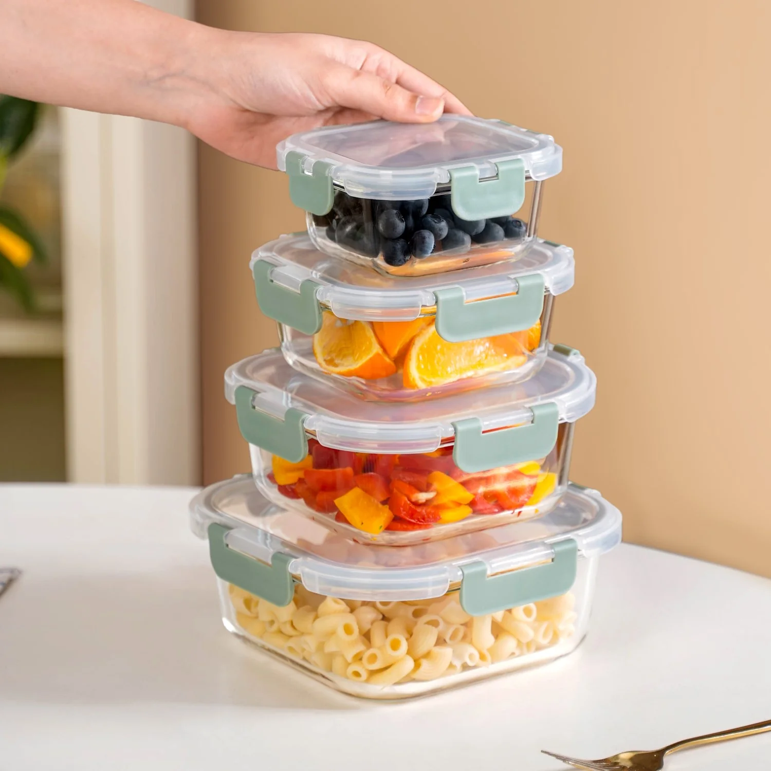 Nestro Airtight Food Storage Square Container Set Of 4 Green S 300ml M 500ml L 800ml XL 1200ml - Image 3