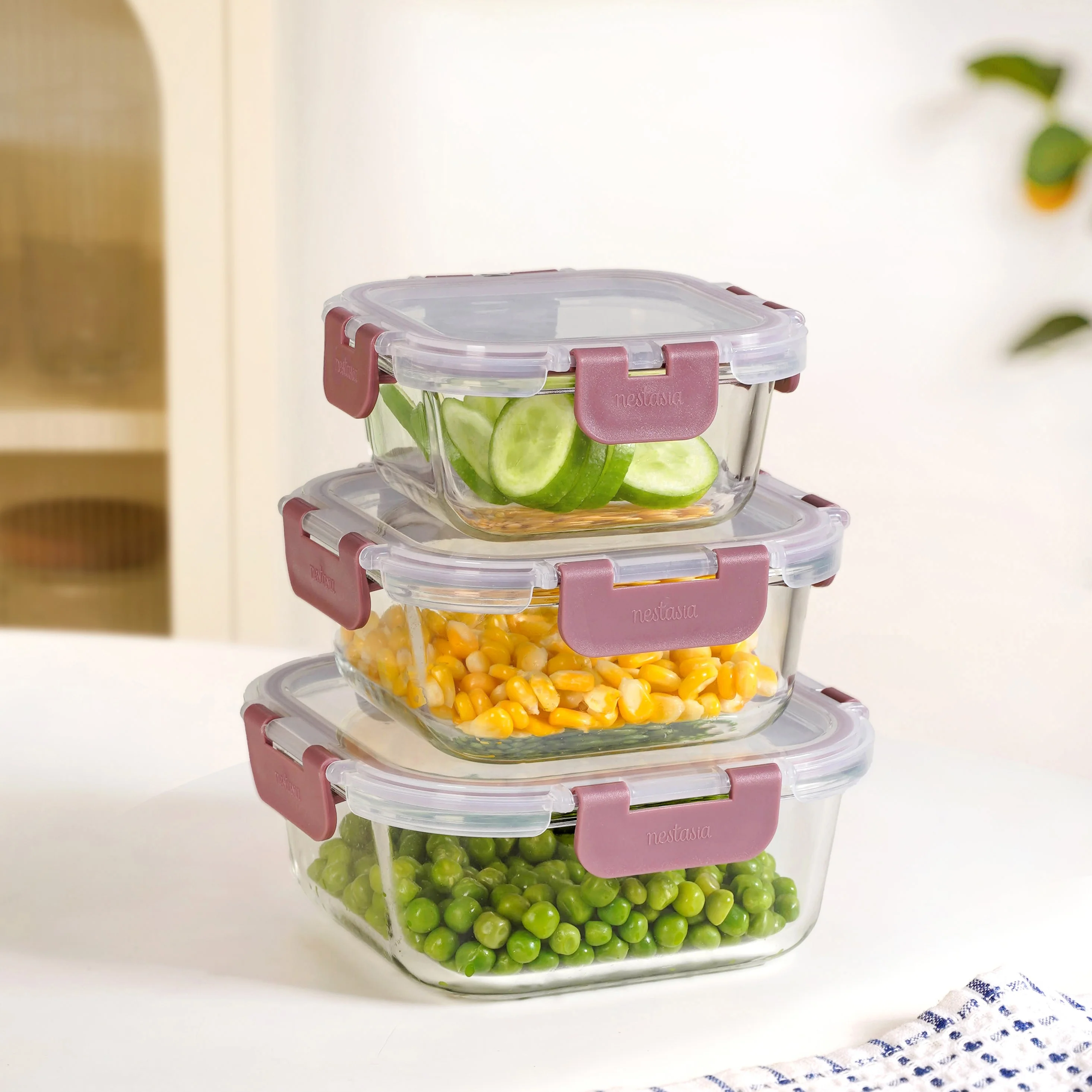 Nestro Containers With Lid Square Set Of 3 Dusty Pink 300ml 500ml 800ml