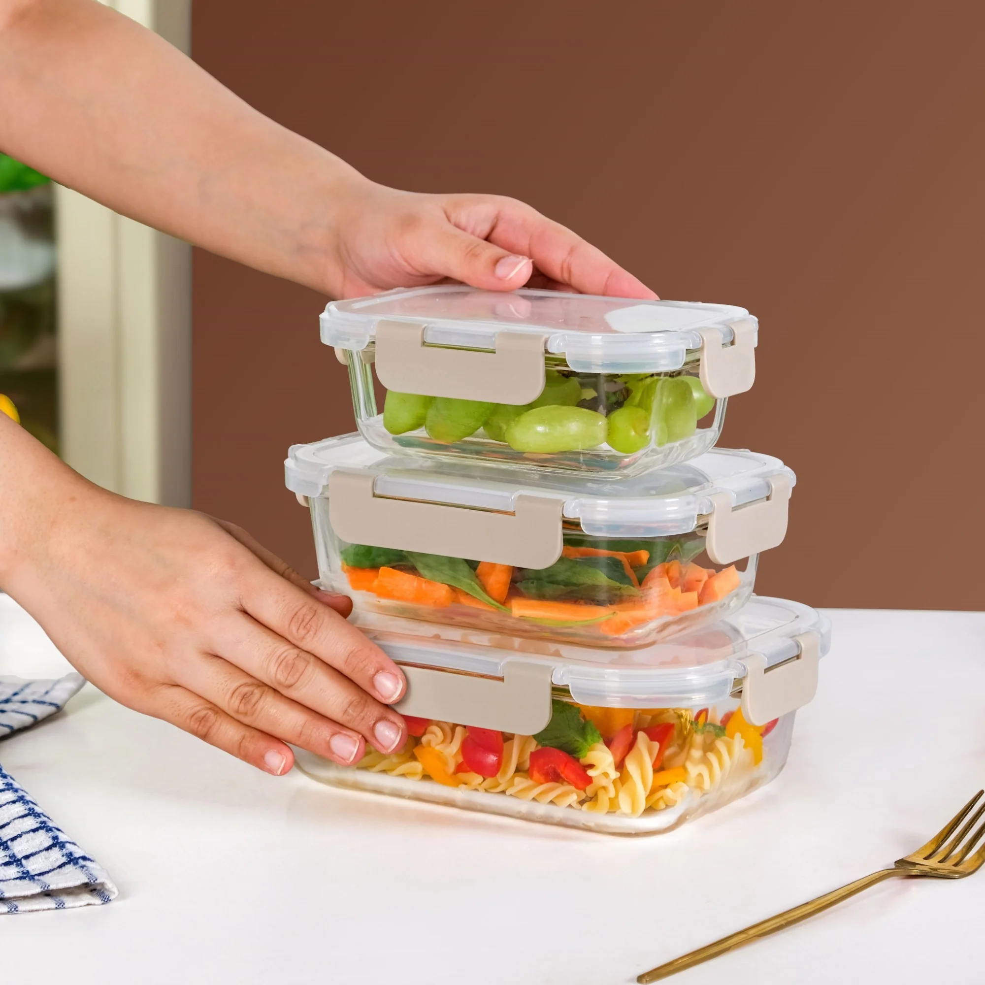 Nestro Lunch Box For Office Set Of 3 Beige S 370ml M 600ml L 100ml - Image 3