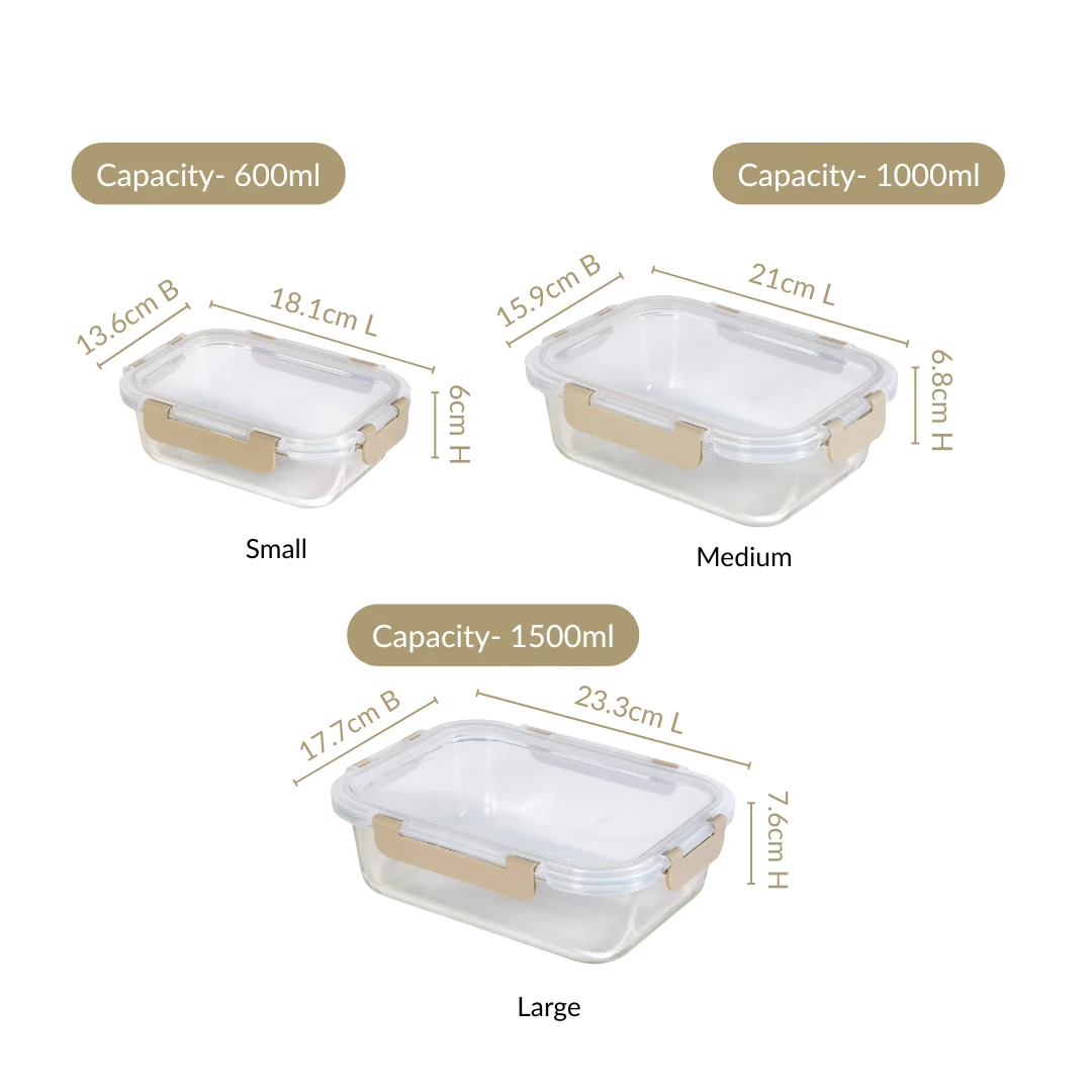 Nestro Leakproof Rectangular Food Storage Box Set Of 3 Beige S 600ml M 1000ml L 1500ml - Image 4