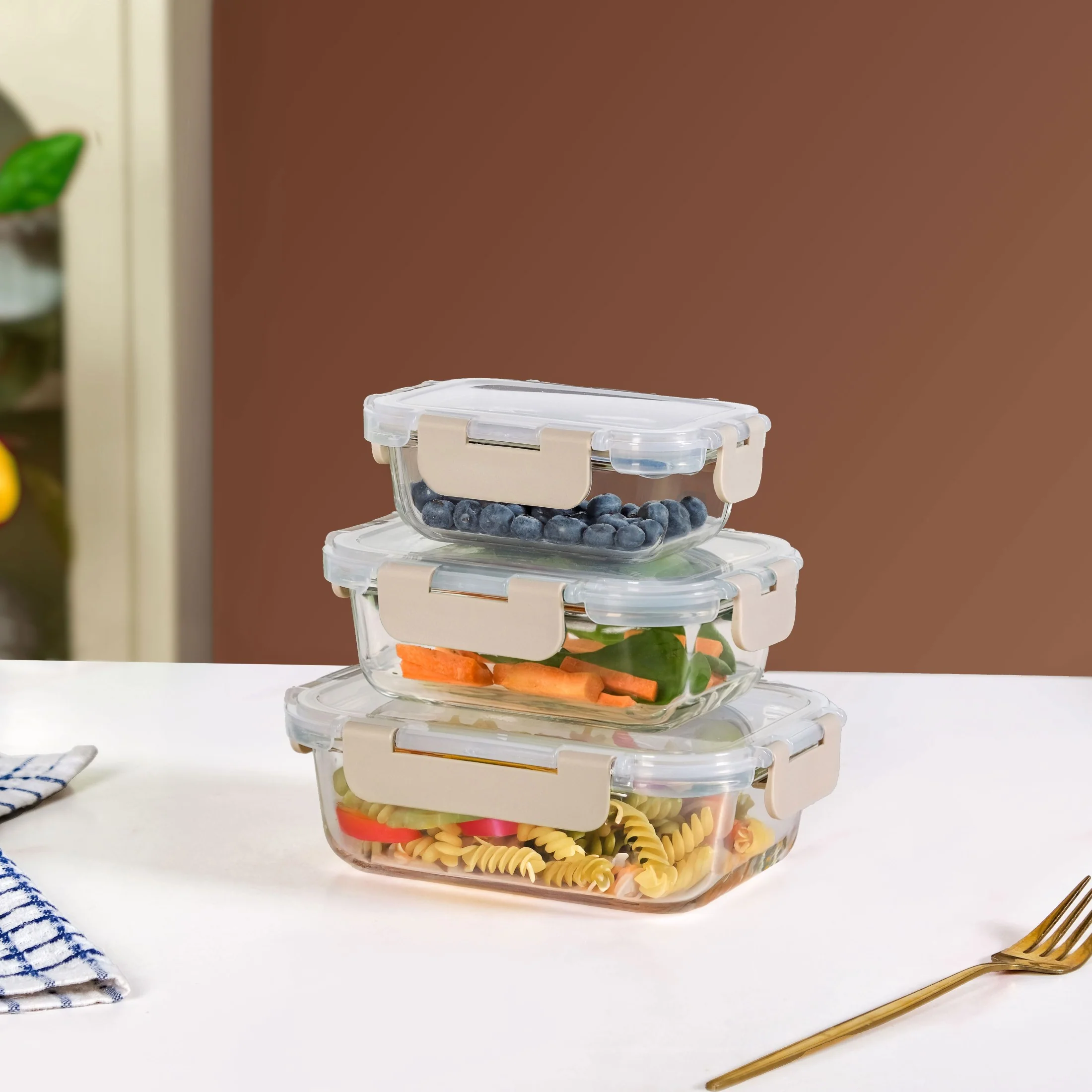 Nestro Microwave Safe Airtight Storage Box Set Of 3 Beige S 185ml M 370ml L 600ml