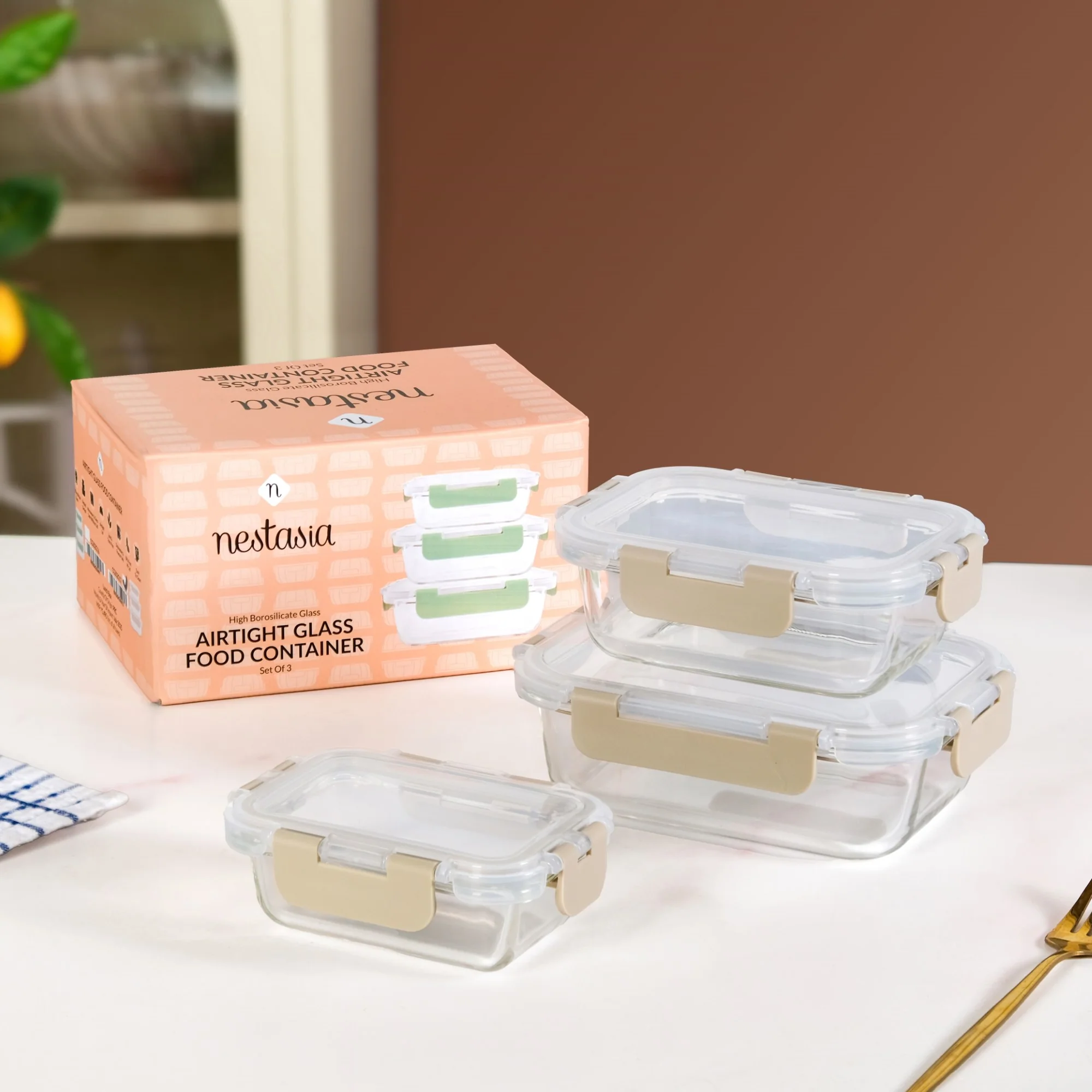 Nestro Microwave Safe Airtight Storage Box Set Of 3 Beige S 185ml M 370ml L 600ml - Image 2