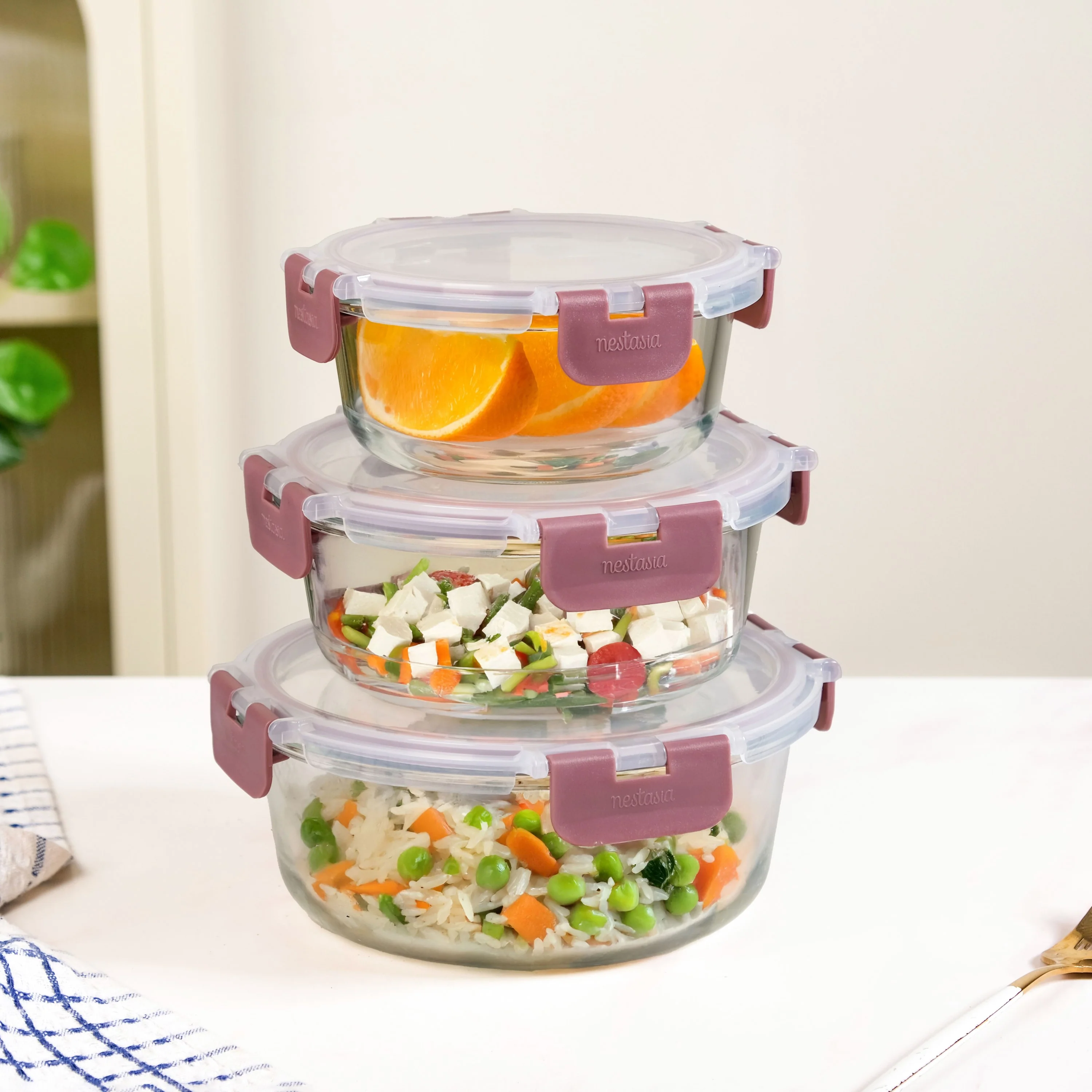 Nestro Pro Clip Lock Leakproof Containers Set Of 3 Round Magenta 400ml 600ml 950ml