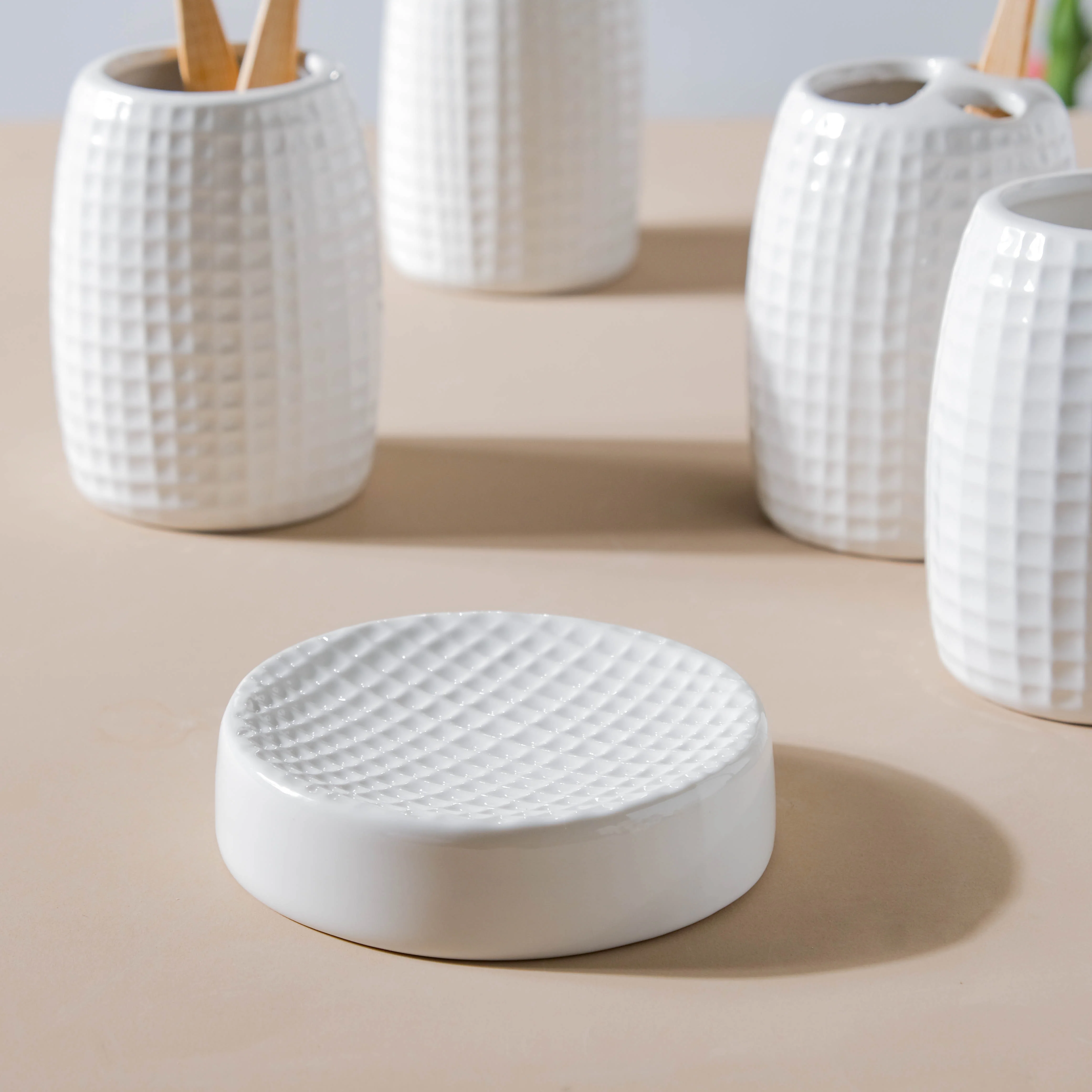 Noelle Texture White Ceramic Bathroom Set Of 5 - Image 12