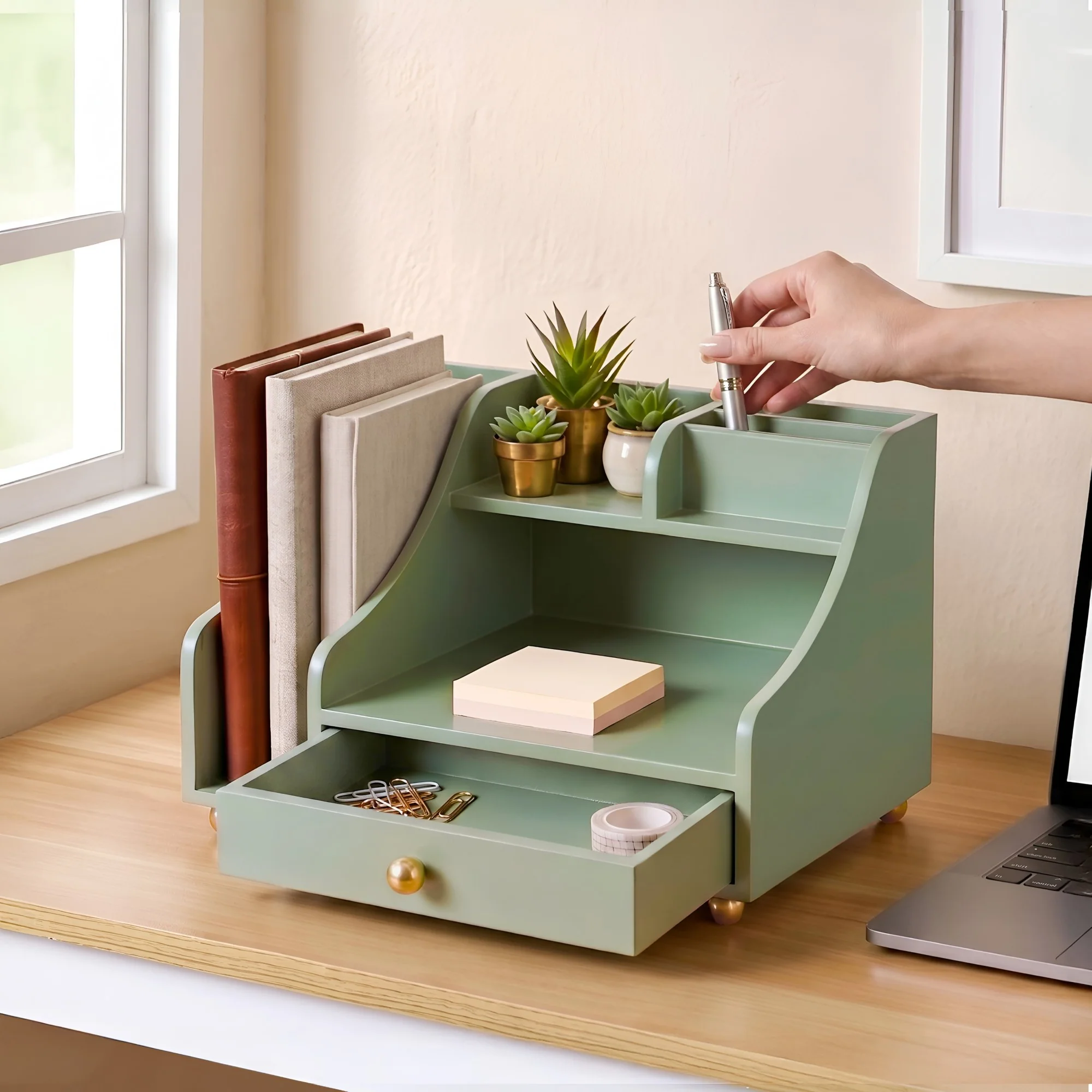 Office Desk Organizer With Drawer Matcha Green - Image 2
