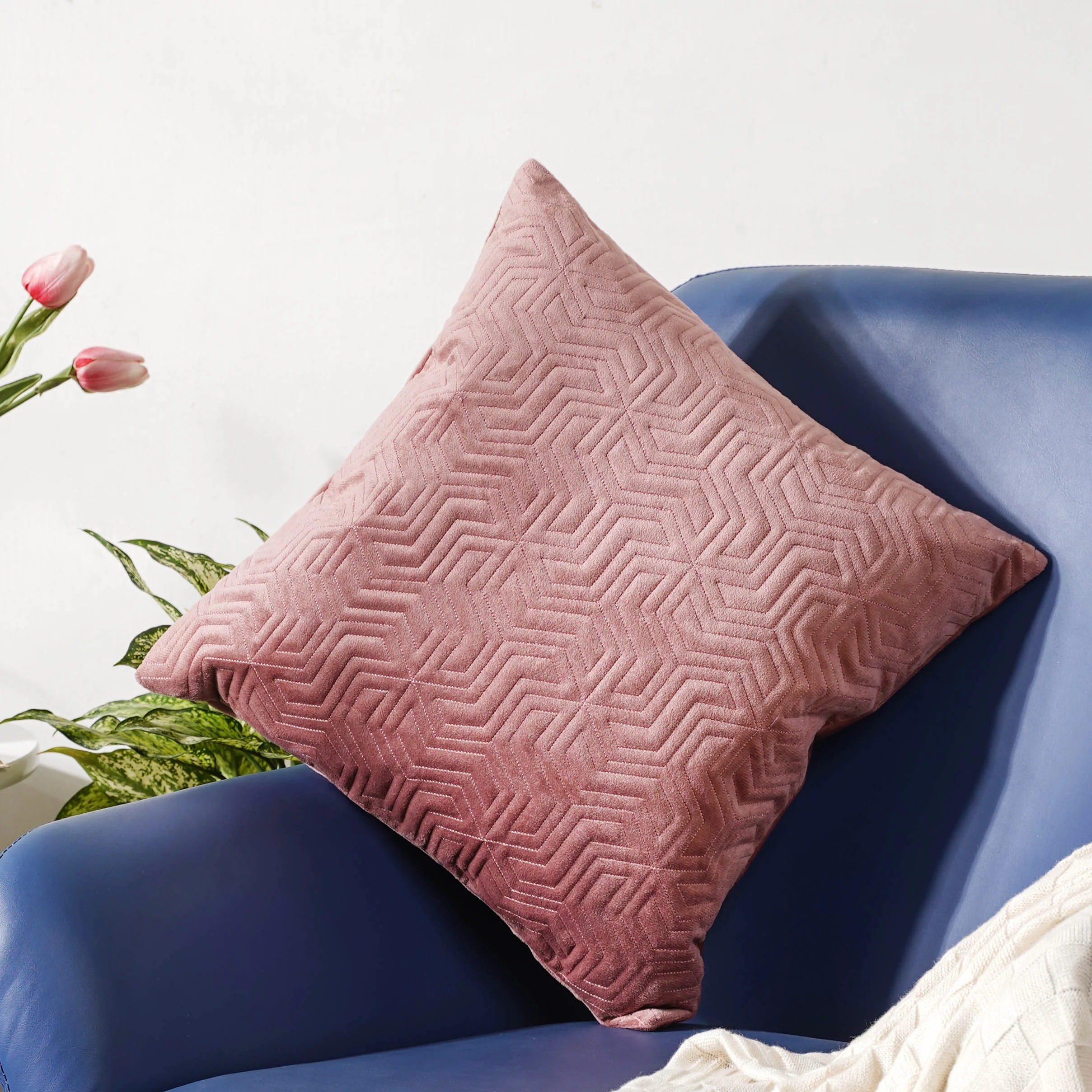 Old Rose Pink Quilted Velvet Cushion Cover 16 inch