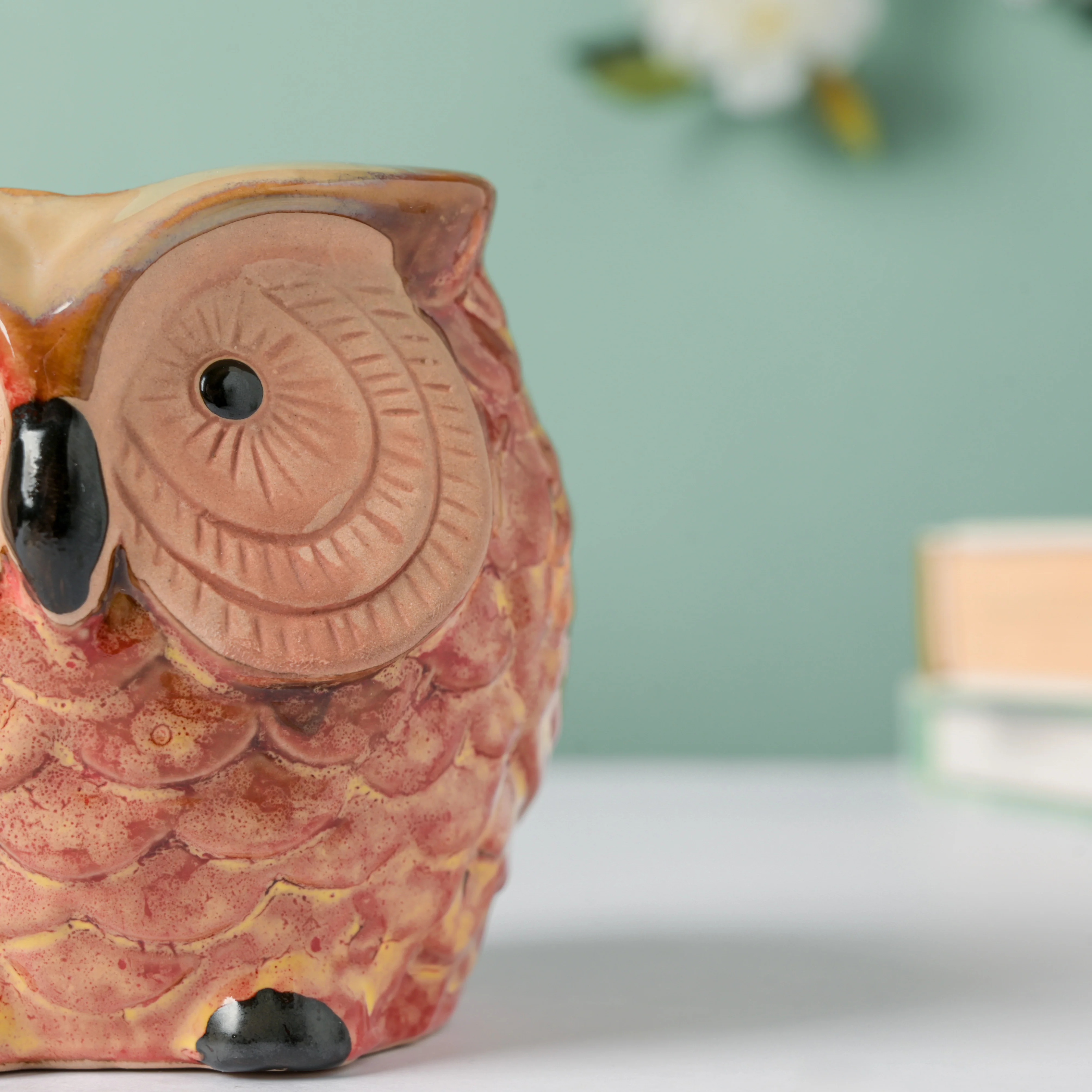 Orange Owl Ceramic Planter With Wooden Coaster - Image 11